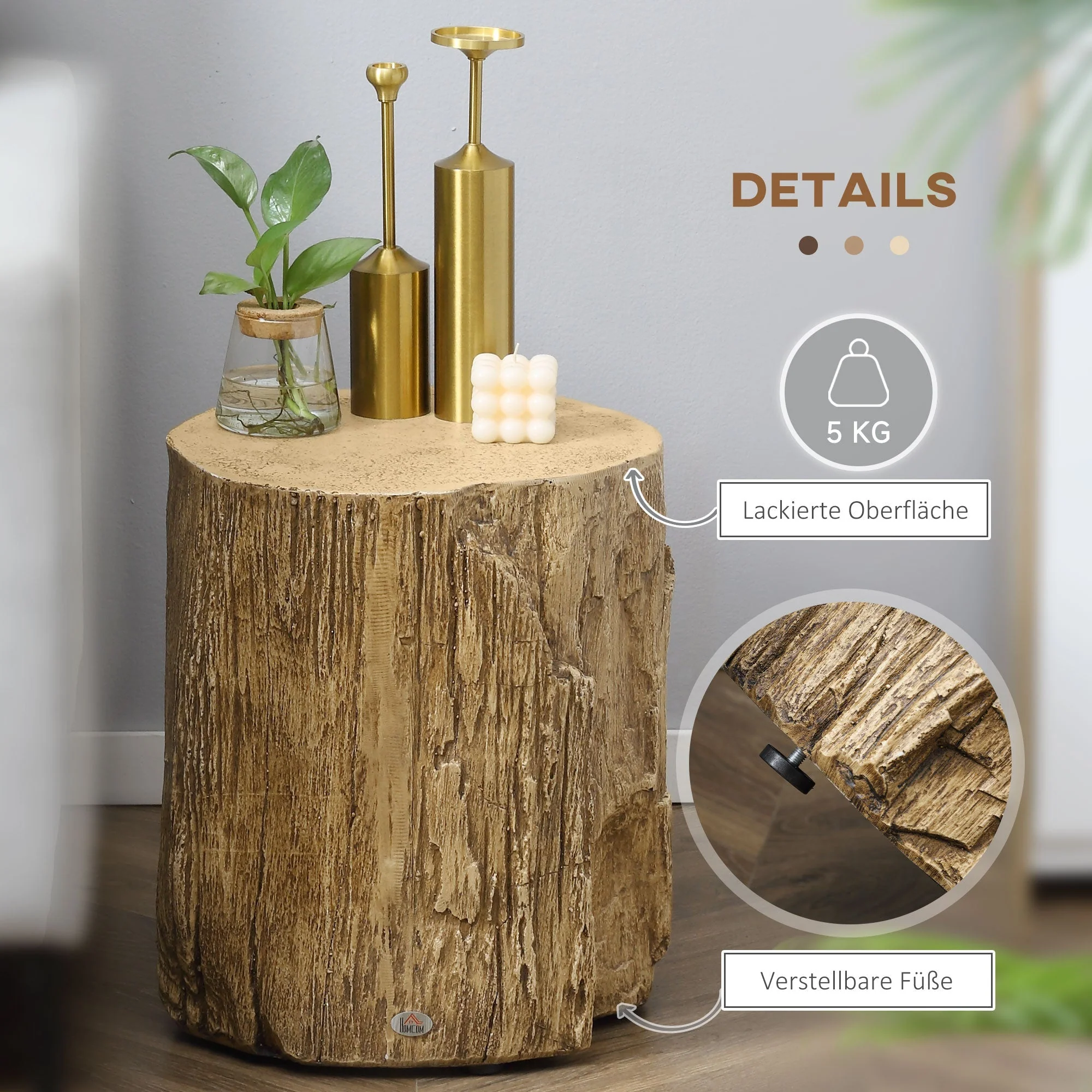 Side Table Tree Stump Look Adjustable Feet Waterproof, 37x37x43 cm - Image 6