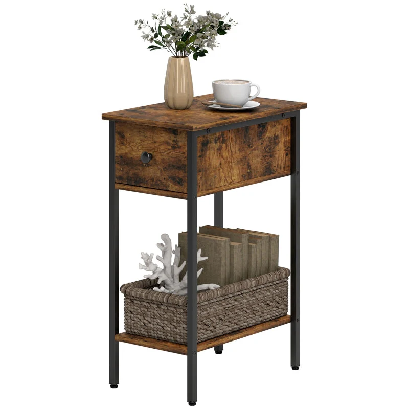 Side Table with Open Compartment and Drawer, Metal Legs, Wood, Brown - Image 2
