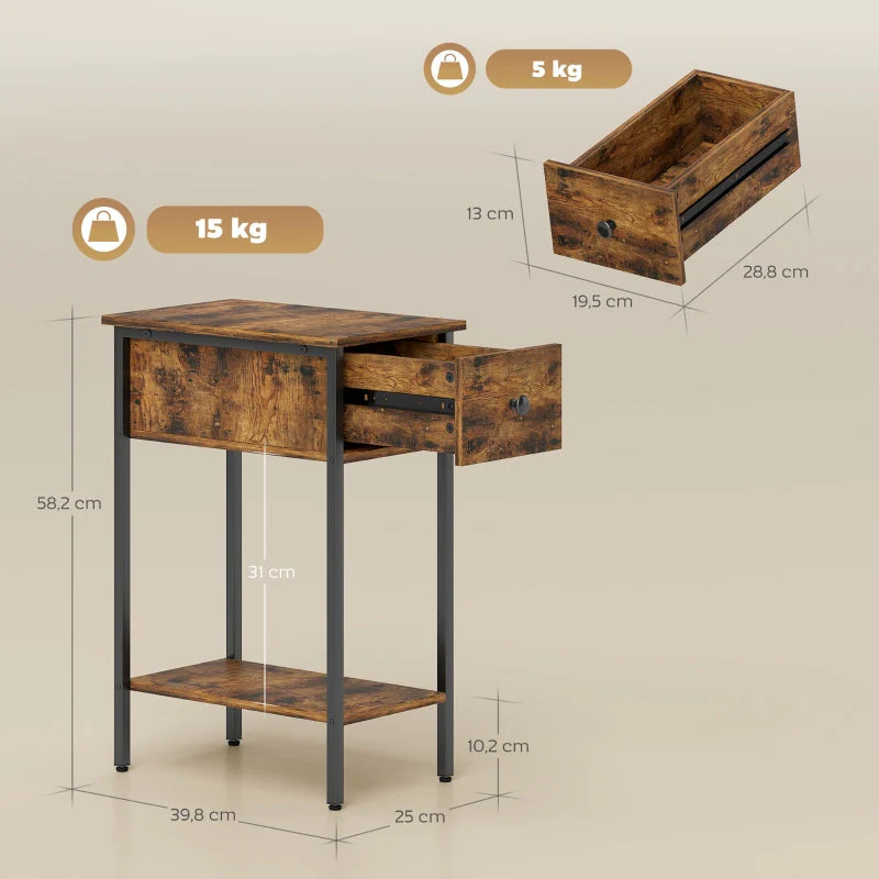 Side Table with Open Compartment and Drawer, Metal Legs, Wood, Brown - Image 3