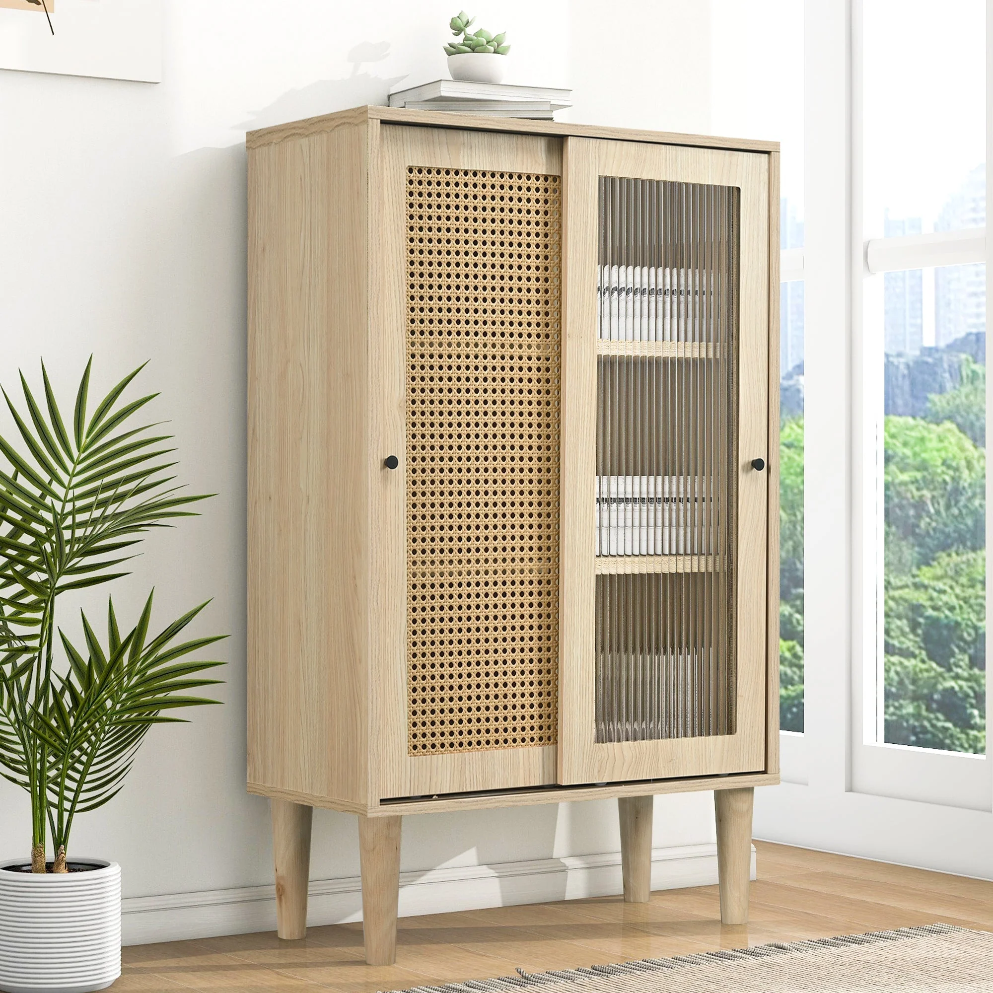 Sideboard, 100cm high, 6 compartments, wood with plastic rattan and glass - Image 8