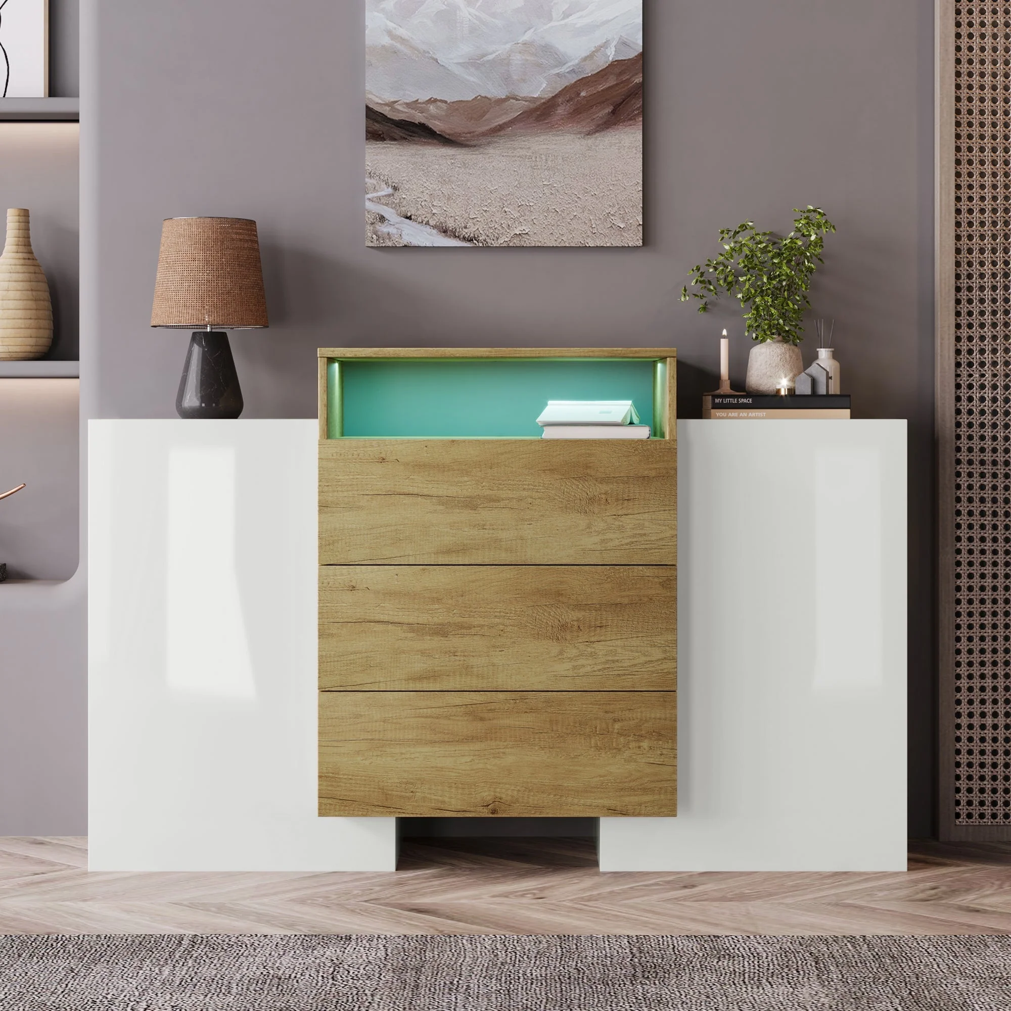 Sideboard, 140cm Modern Chest of Drawers with LED, High-Gloss White & Wood - Image 4