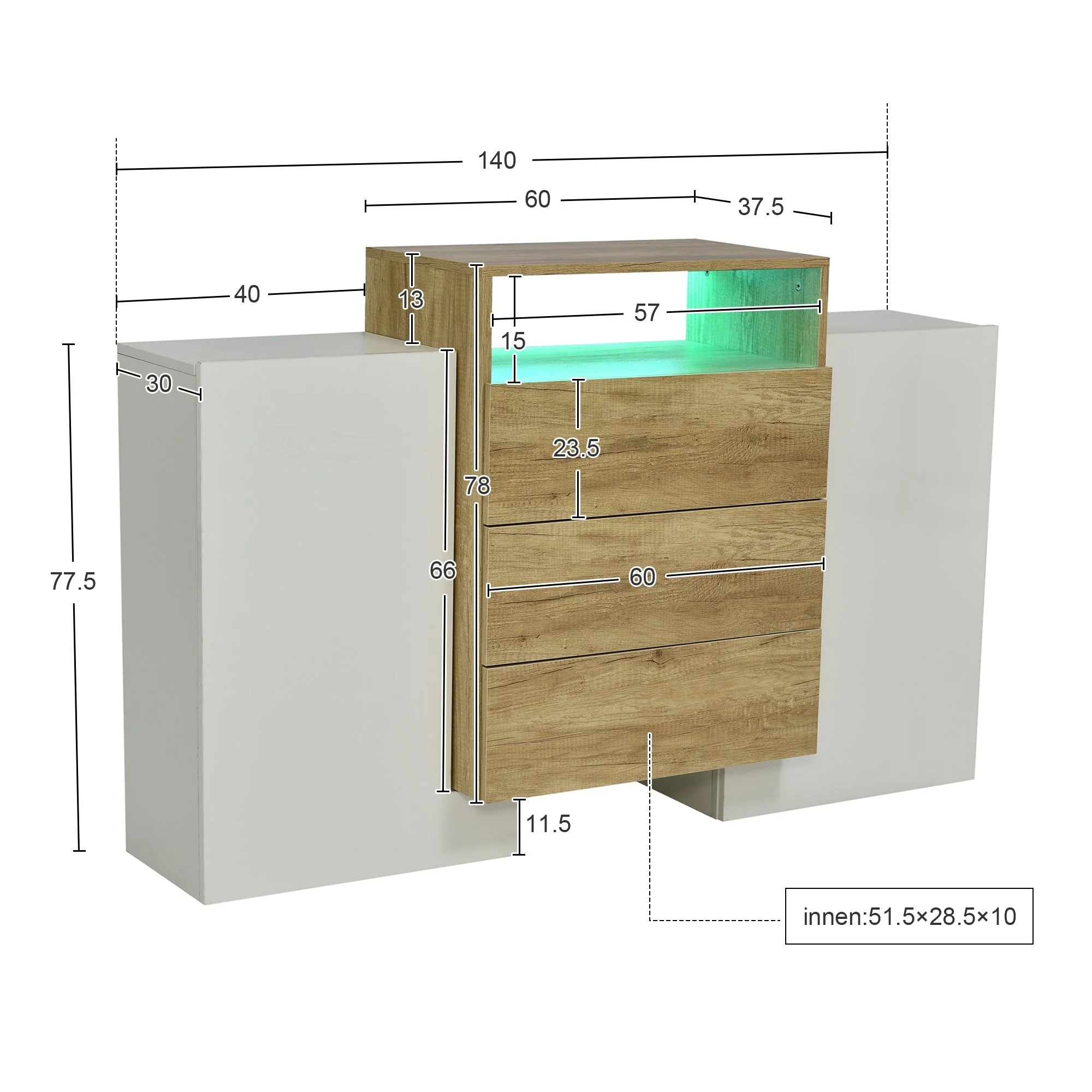 Sideboard, 140cm Modern Chest of Drawers with LED, High-Gloss White & Wood - Image 6