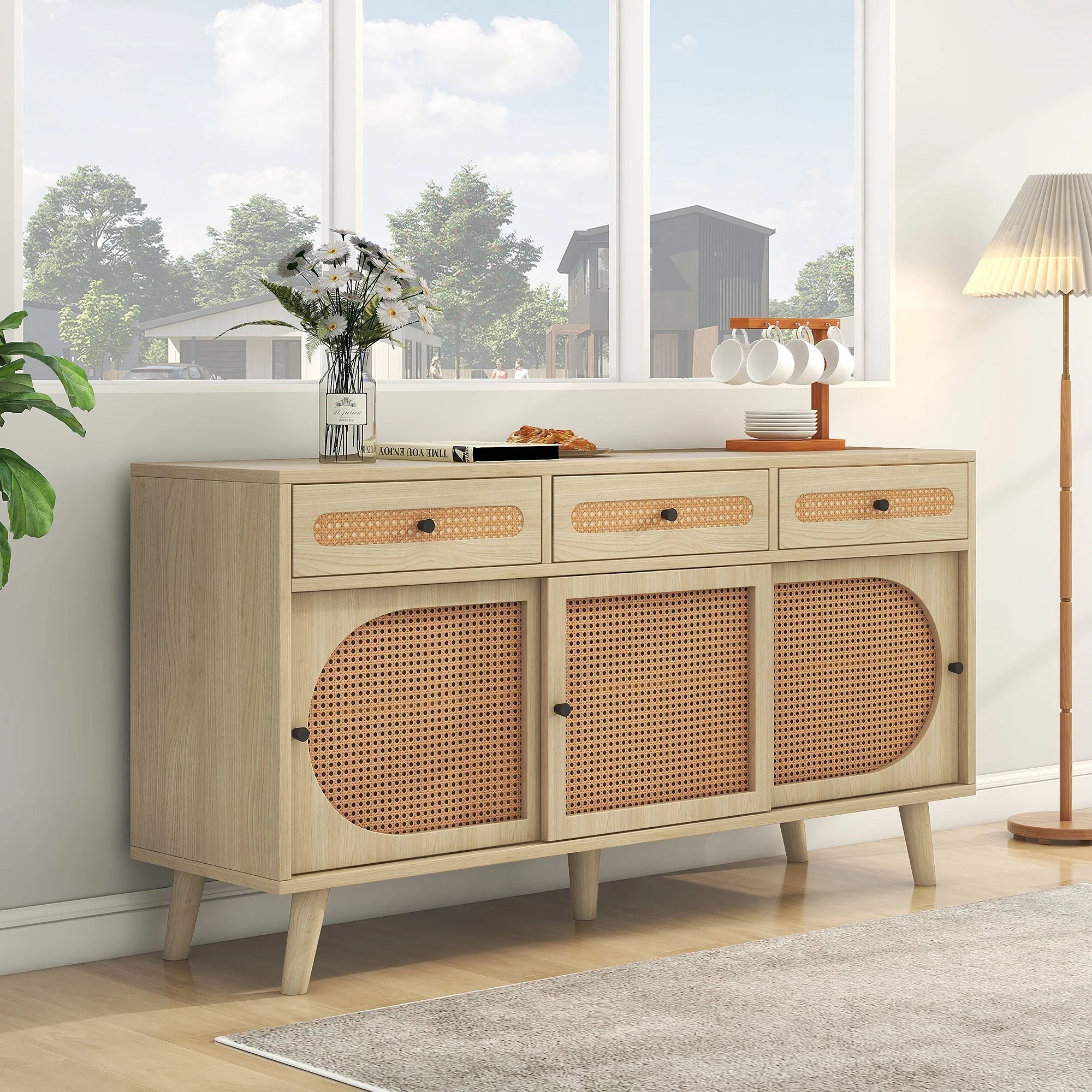 Sideboard, 140cm PE Rattan Door, 3 Drawers, Wooden - Image 2