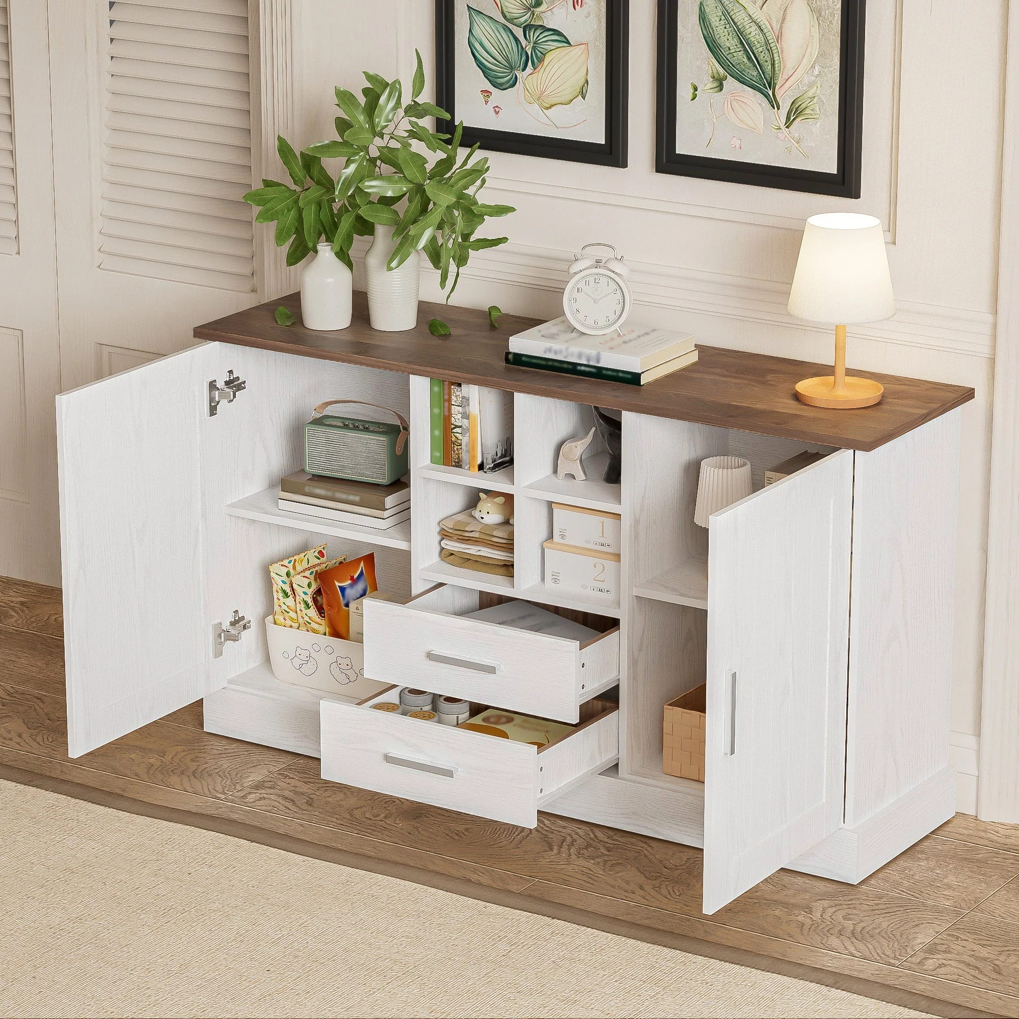 Sideboard 140x40x79.5cm, 2 Doors 2 Drawers, White and Brown Wood Grain - Image 5