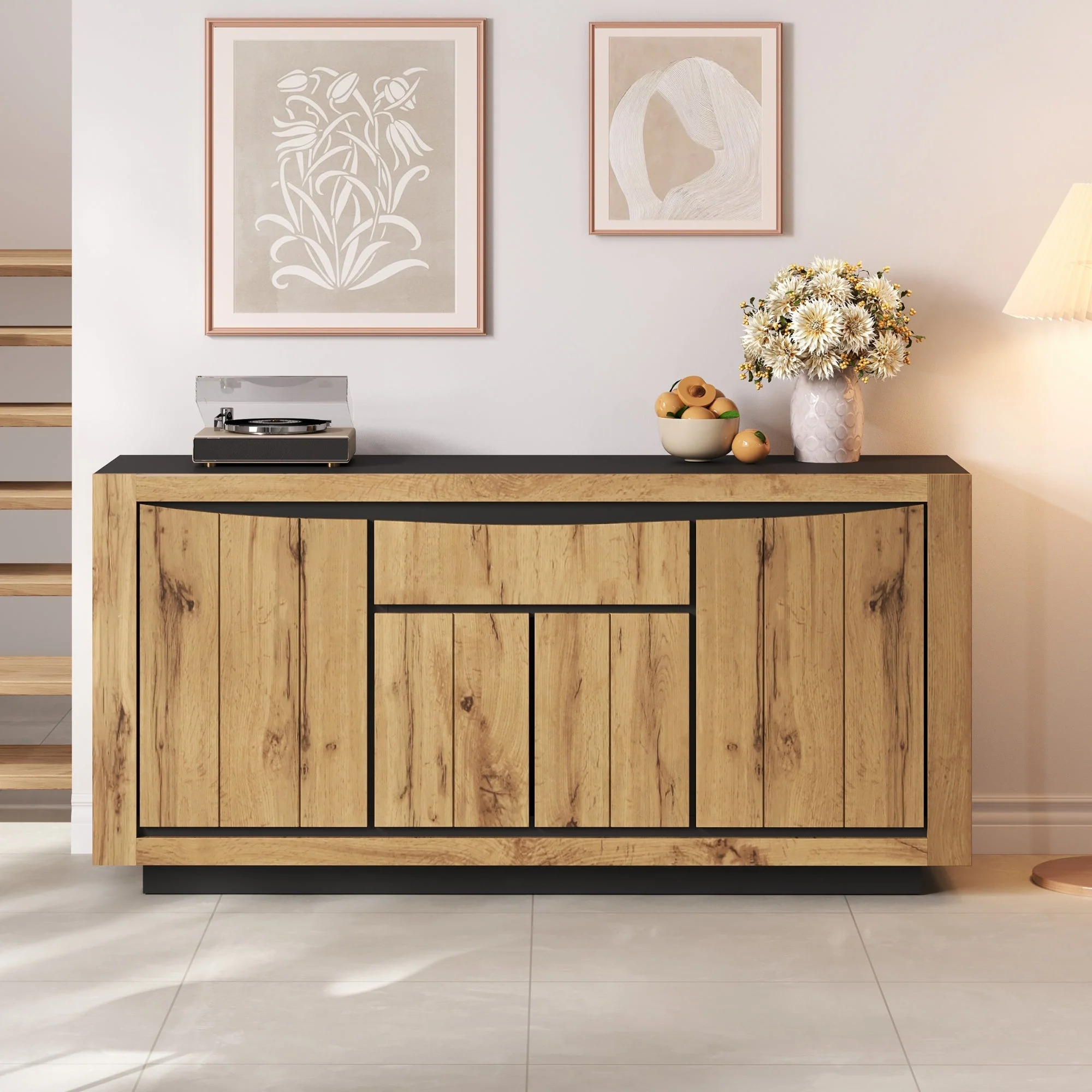 Sideboard 140x52cm 4 Doors 1 Drawer Handleless Storage Wood/Black - Image 5