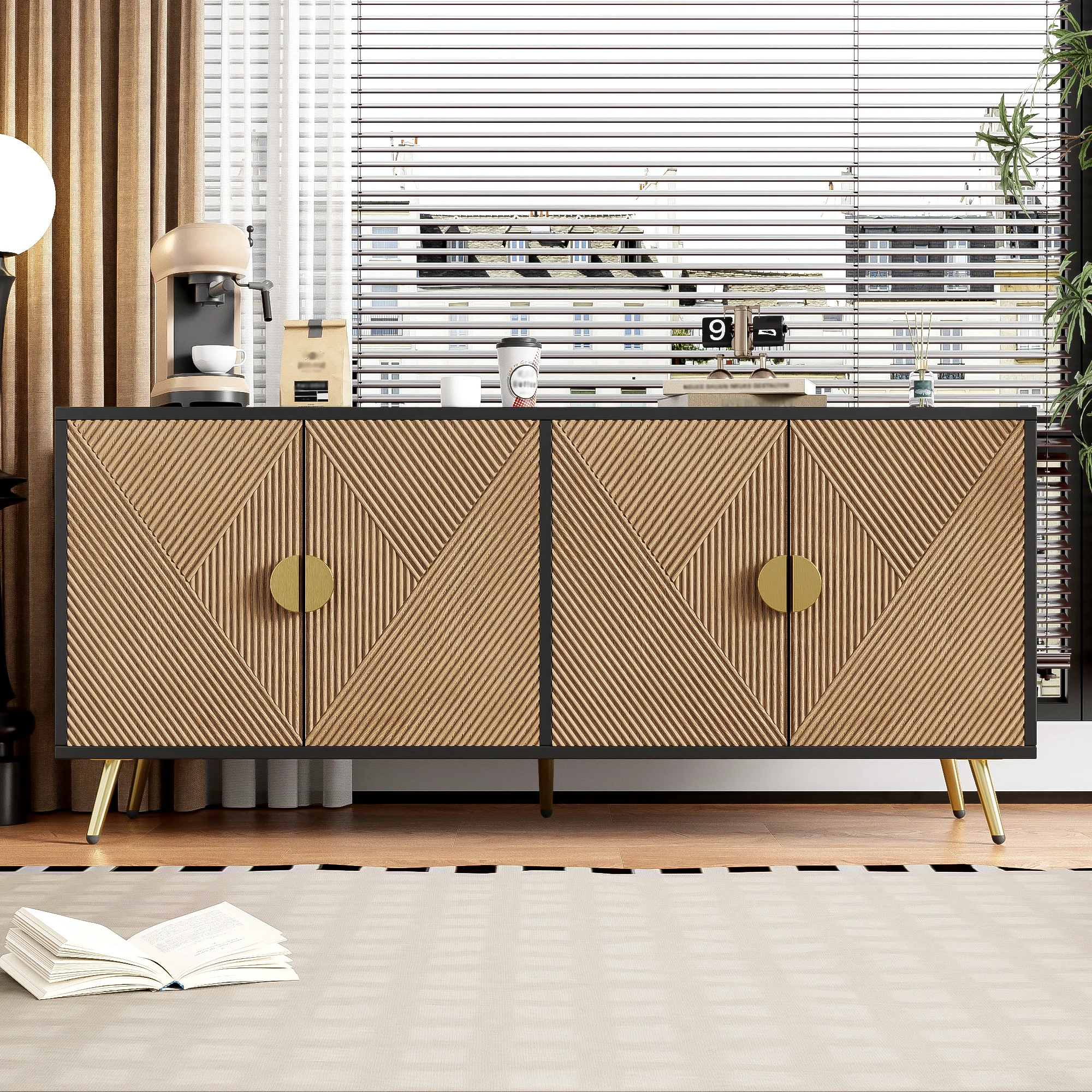 Sideboard, 160 cm, Four Doors, Golden Brushed Handles, High-Gloss Table Legs - Image 6
