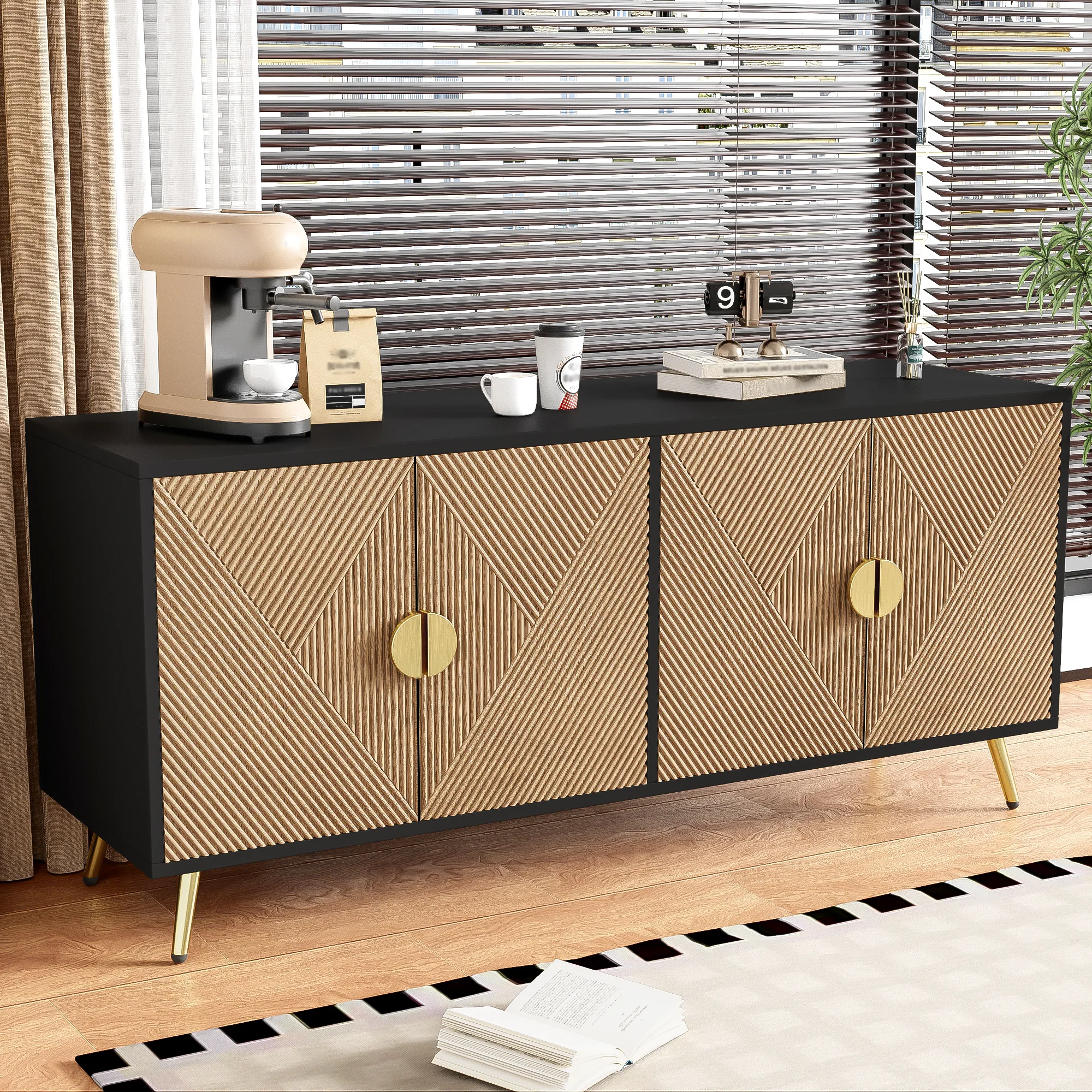 Sideboard, 160 cm, Four Doors, Golden Brushed Handles, High-Gloss Table Legs - Image 8
