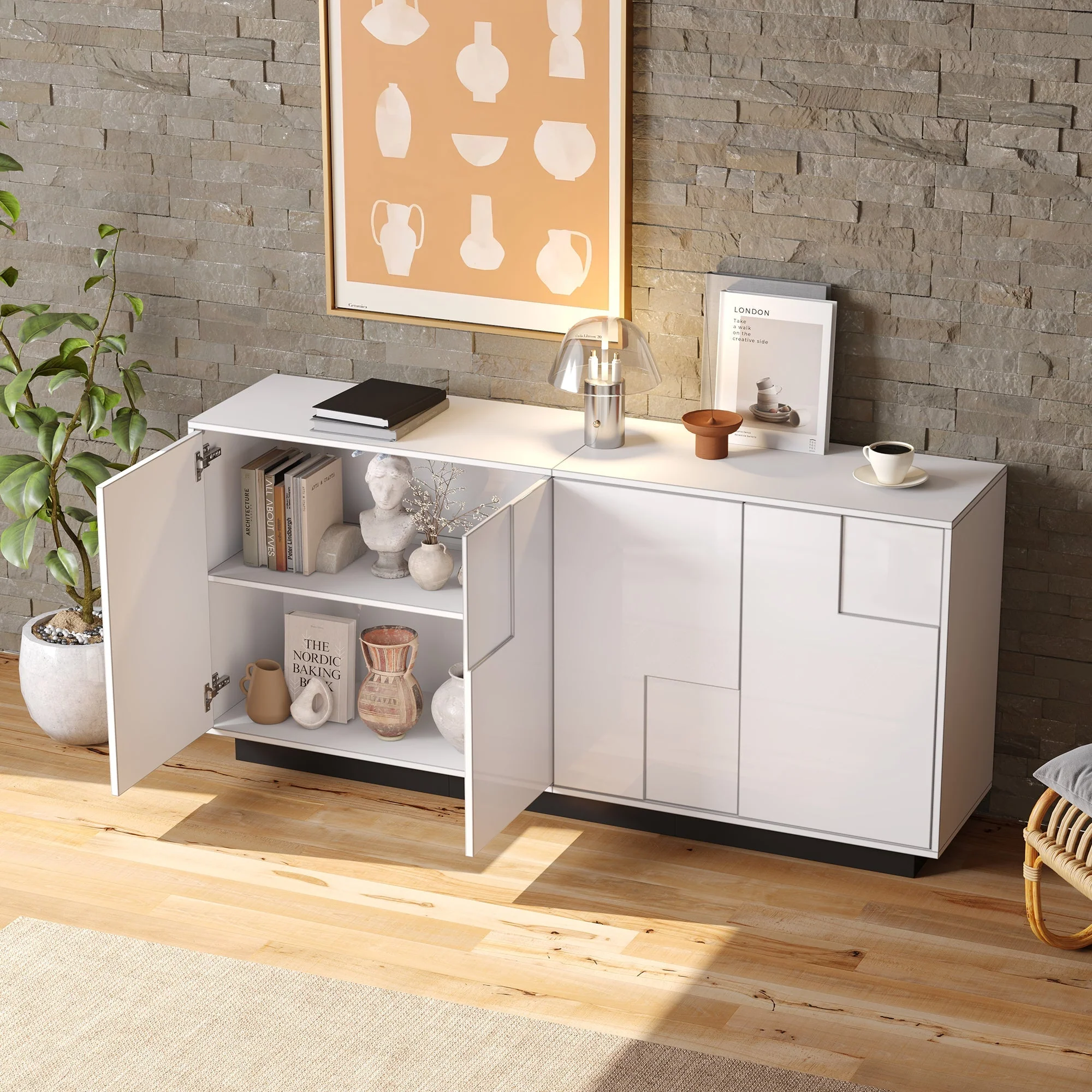 Sideboard 160cm High-Gloss 4 Doors Storage Geometric Design - White/Black - Image 5