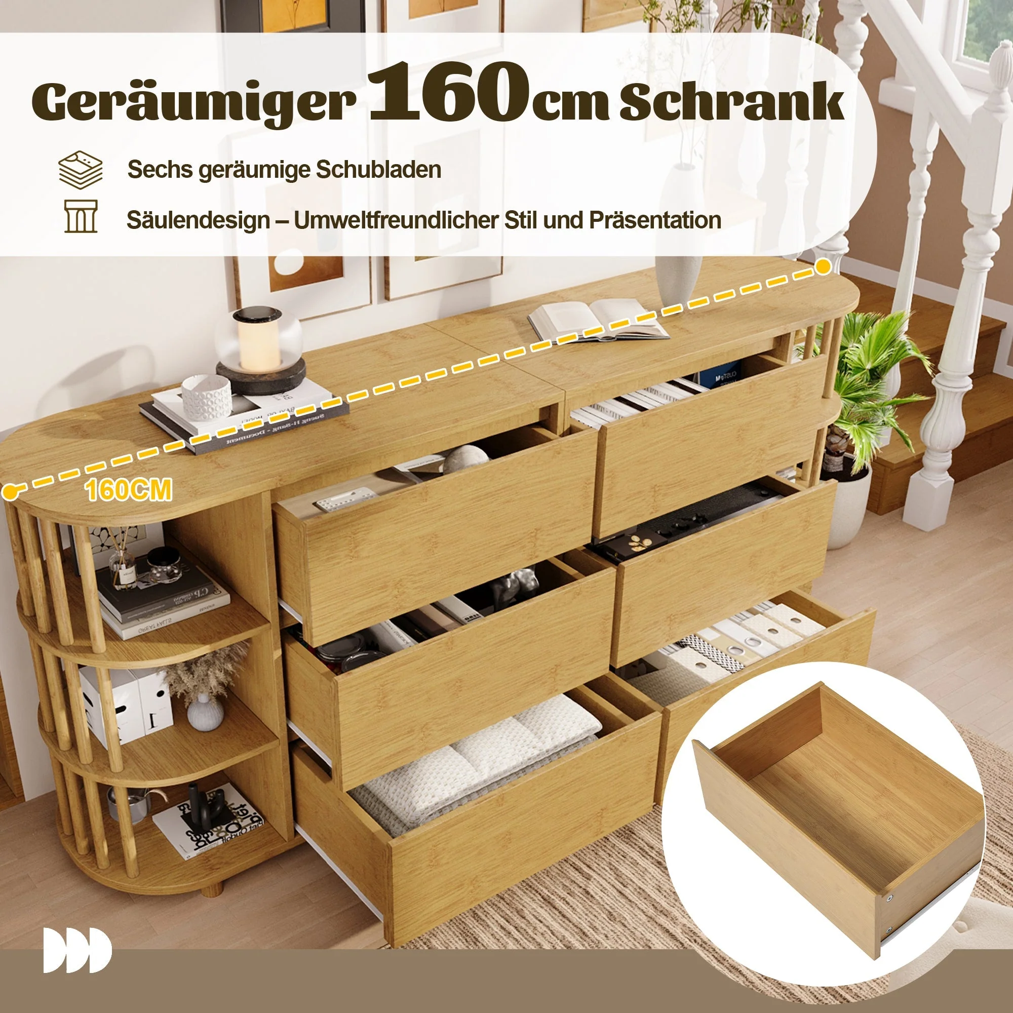 Sideboard 160cm Roman Design Bamboo Shelves 6 Drawers Oak - Image 3