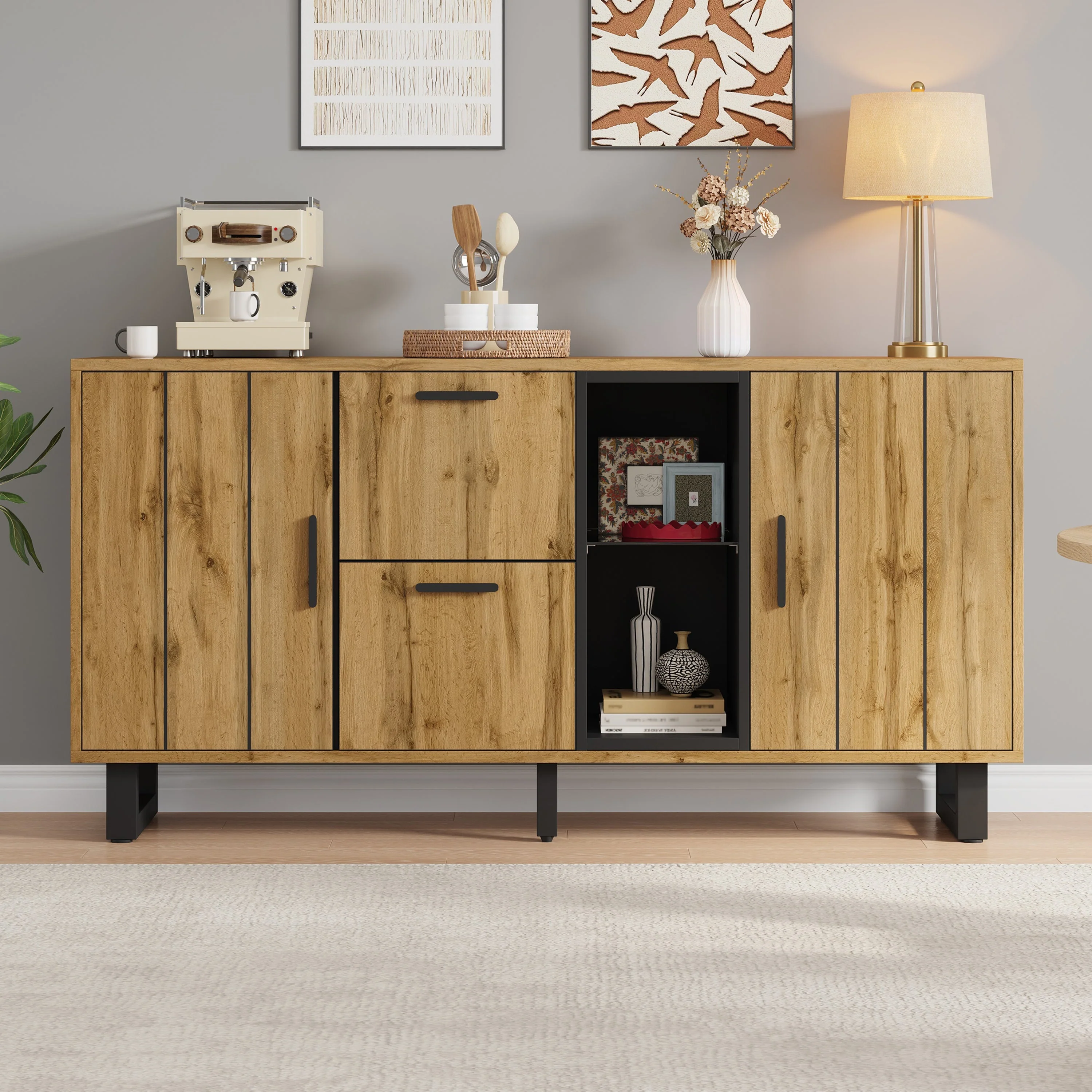 Sideboard 160cm Wide with 2 Drawers LED Light Strip Natural Wood/Black - Image 3
