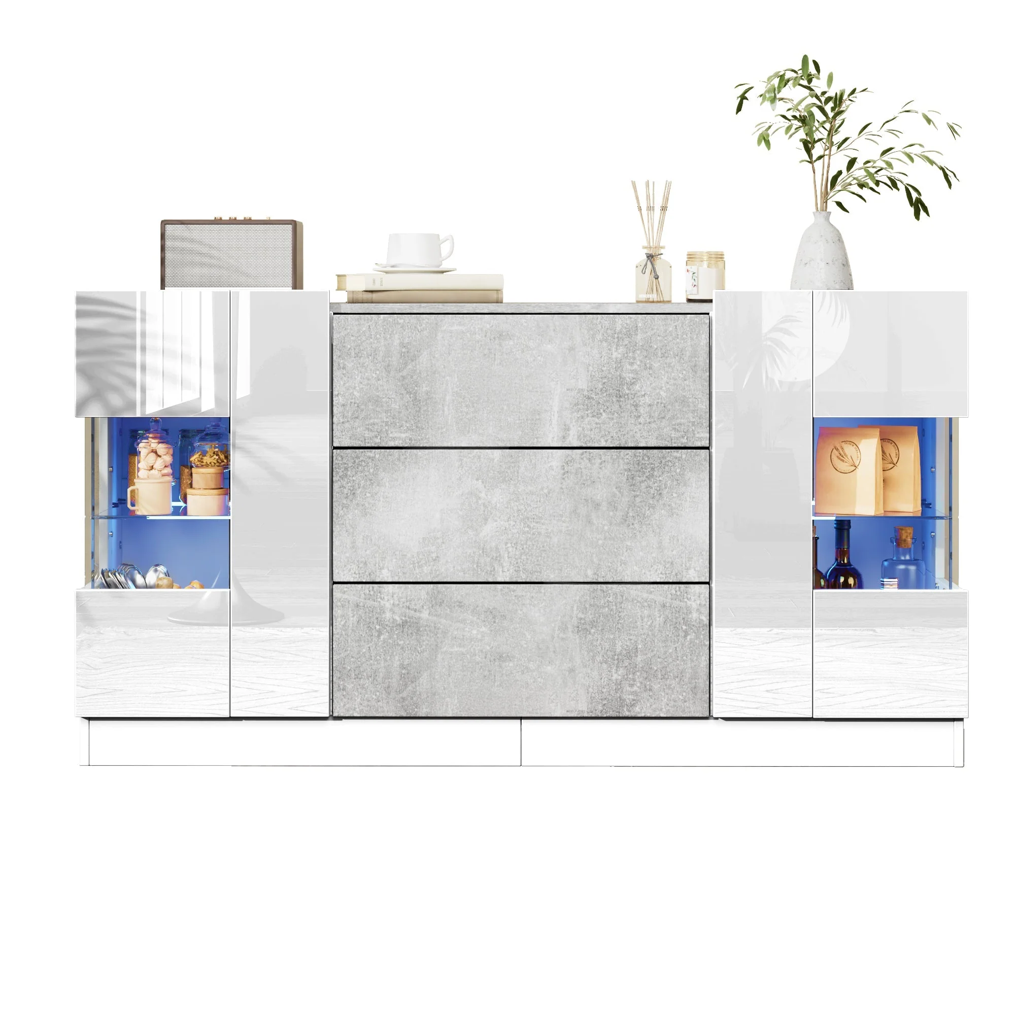 Sideboard, 2 Doors 3 Drawers LED Lighting, High-Gloss White & Grey Marble - Image 2