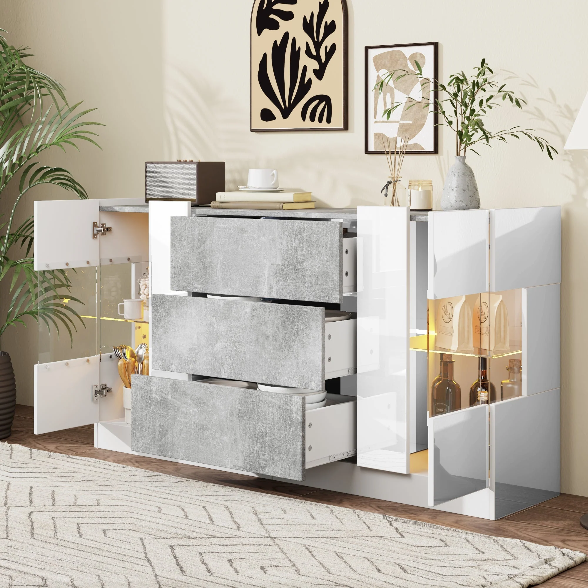 Sideboard, 2 Doors 3 Drawers LED Lighting, High-Gloss White & Grey Marble - Image 4