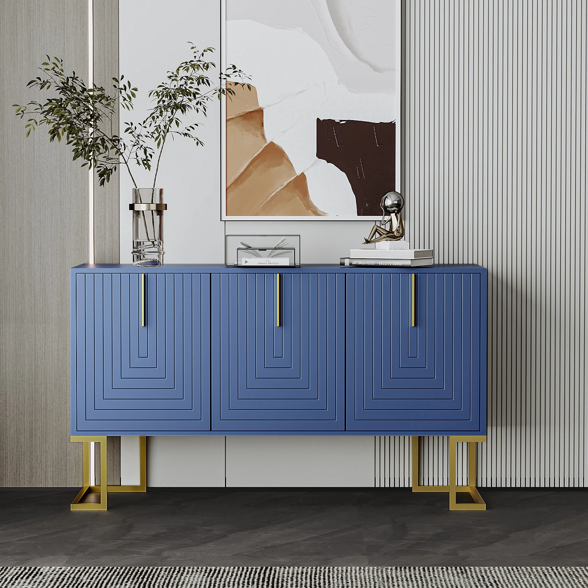 Sideboard, 3-Door Adjustable Shelves U-Shaped Metal, Navy Blue - Image 3