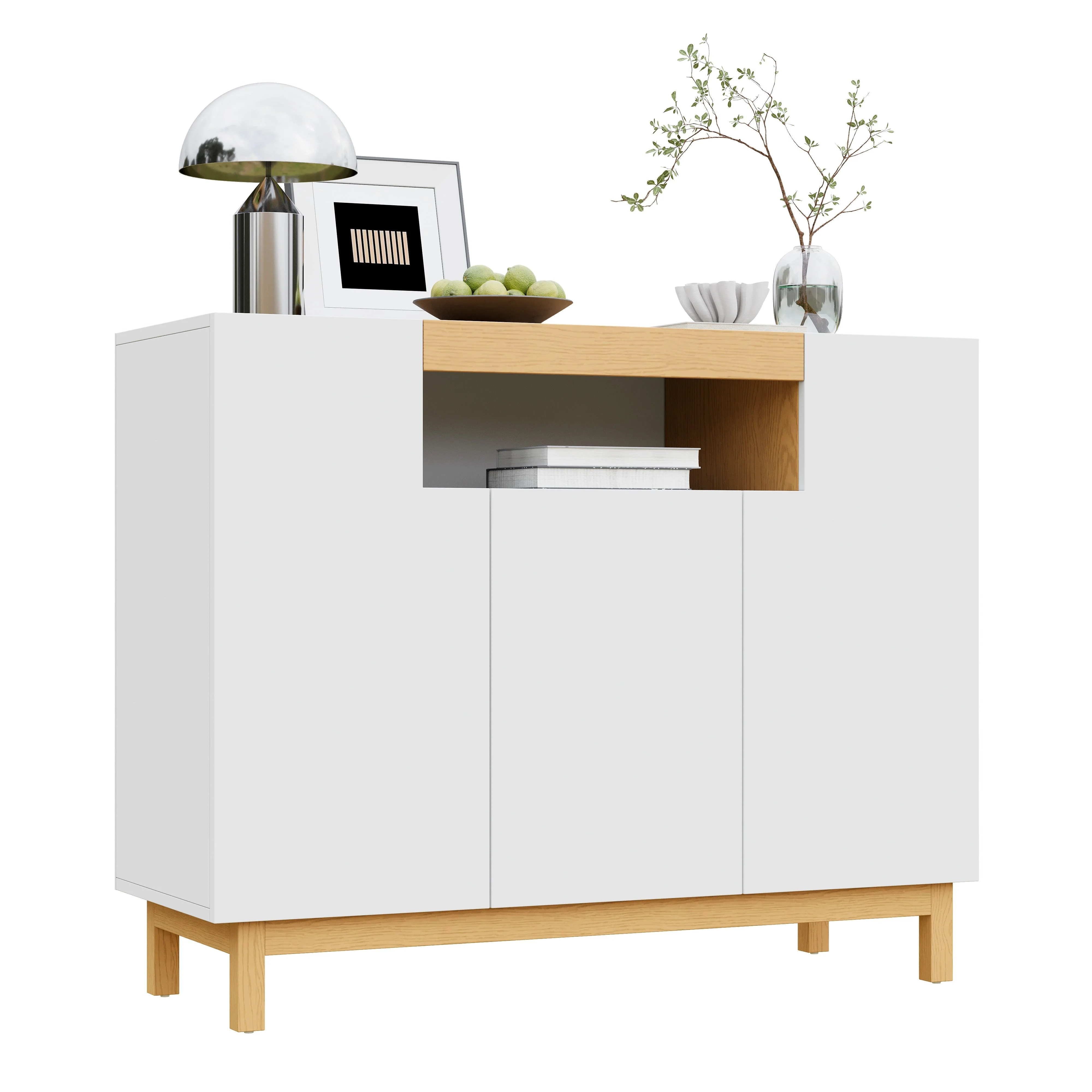 Sideboard, 3-Door Multifunctional Storage Cabinet for Living & Dining, White - Image 2