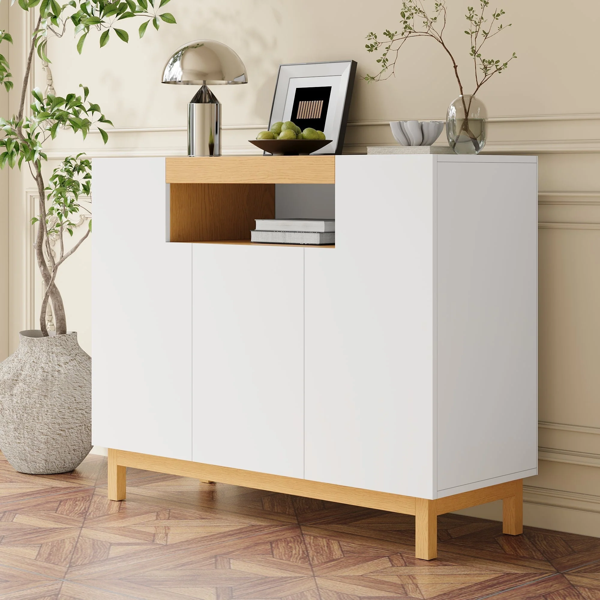 Sideboard, 3-Door Multifunctional Storage Cabinet for Living & Dining, White - Image 4