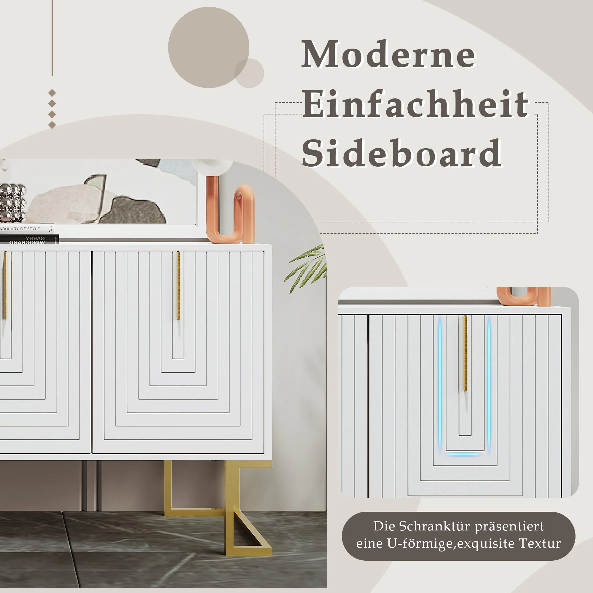 Sideboard, 3-Door with Adjustable Shelves, U-Shaped Cabinet Doors, Metal Handles, White - Image 6