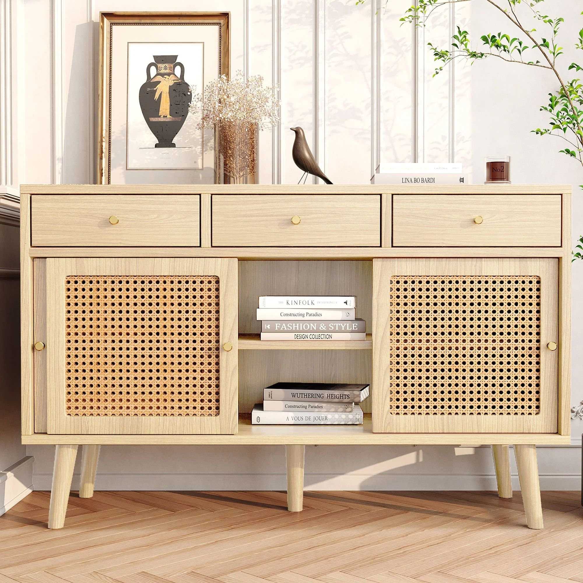 Sideboard 3 Drawer 3 Sliding Door Rattan Fronts Gold Handle Adjustable Shelves Oak - Image 2