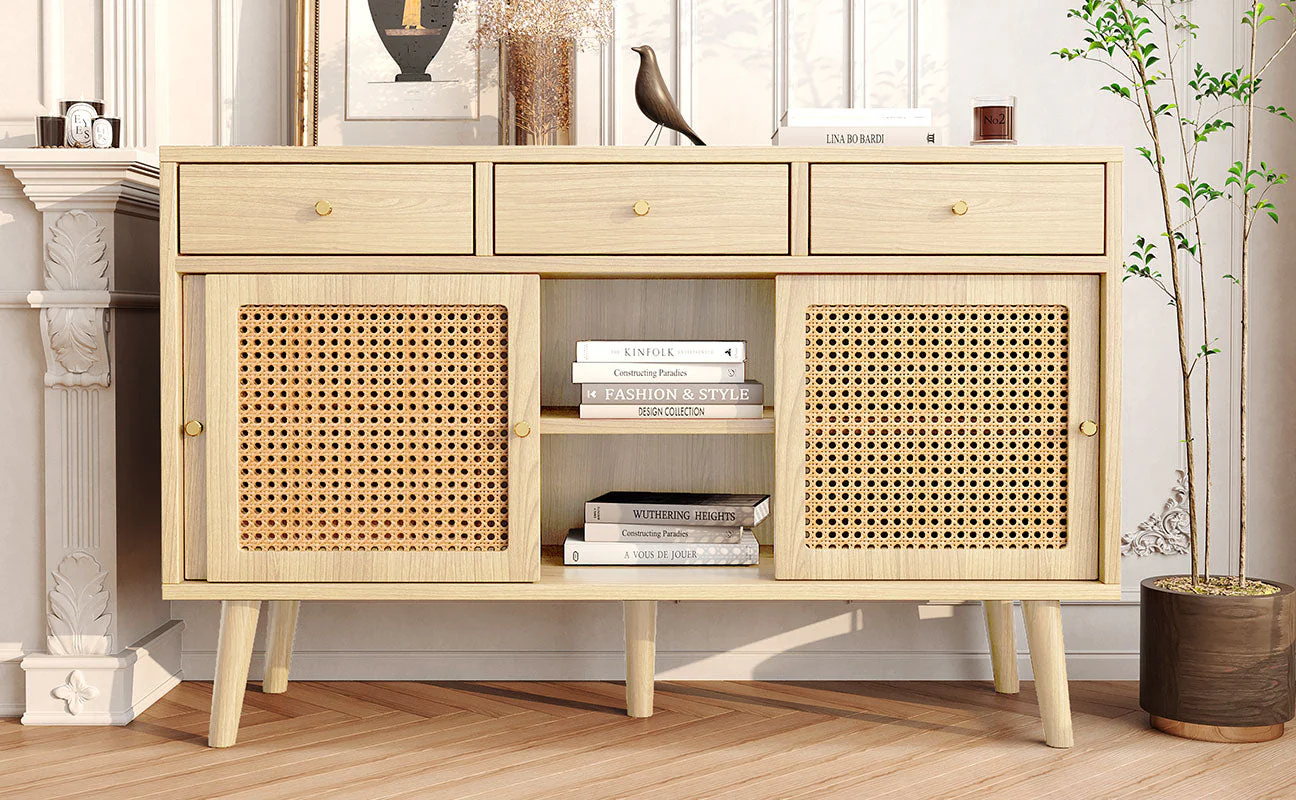Sideboard 3 Drawer 3 Sliding Door Rattan Fronts Gold Handle Adjustable Shelves Oak - Image 6