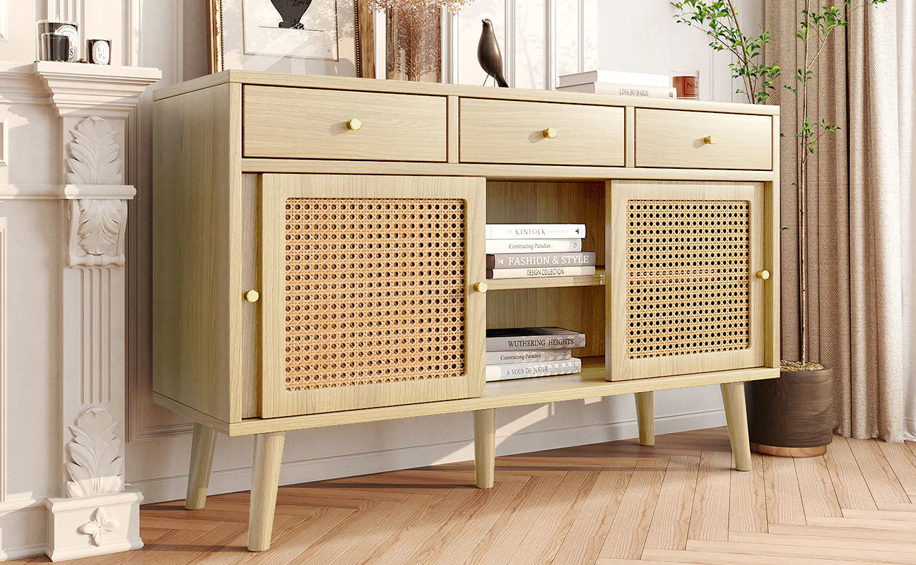 Sideboard 3 Drawer 3 Sliding Door Rattan Fronts Gold Handle Adjustable Shelves Oak - Image 8