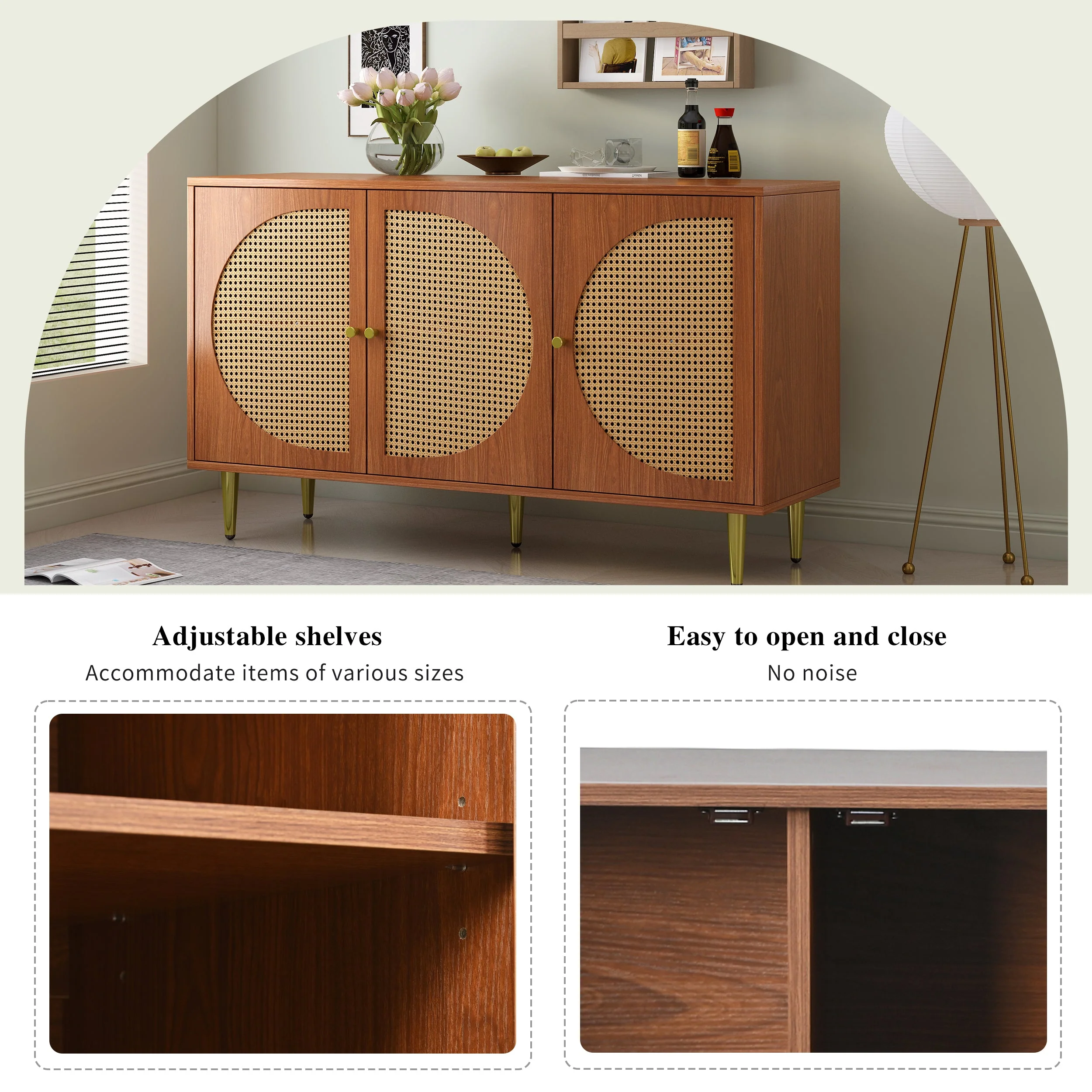 Sideboard, 3 Rattan Doors, Metal Handles, Walnut - Image 10