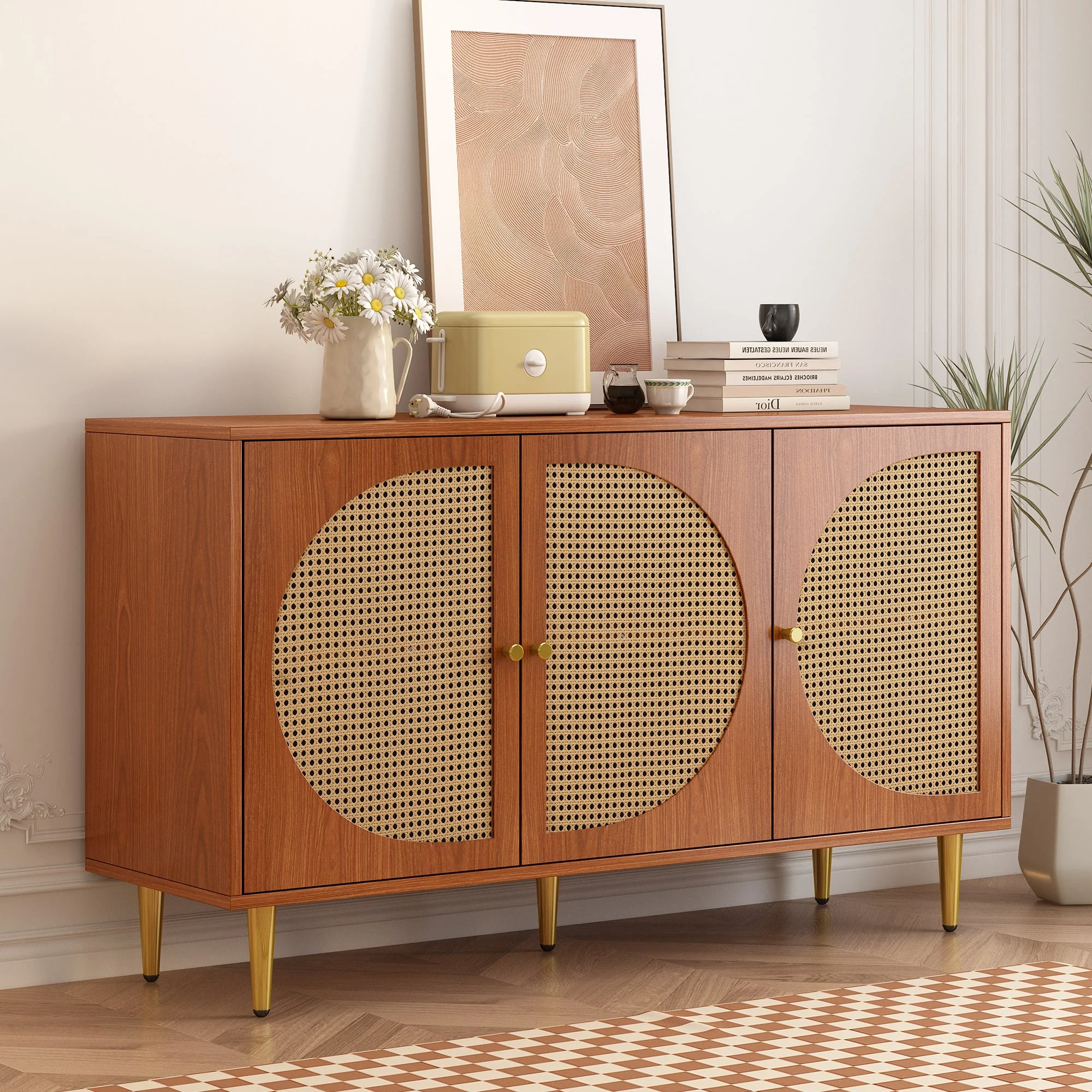Sideboard, 3 Rattan Doors, Metal Handles, Walnut - Image 3