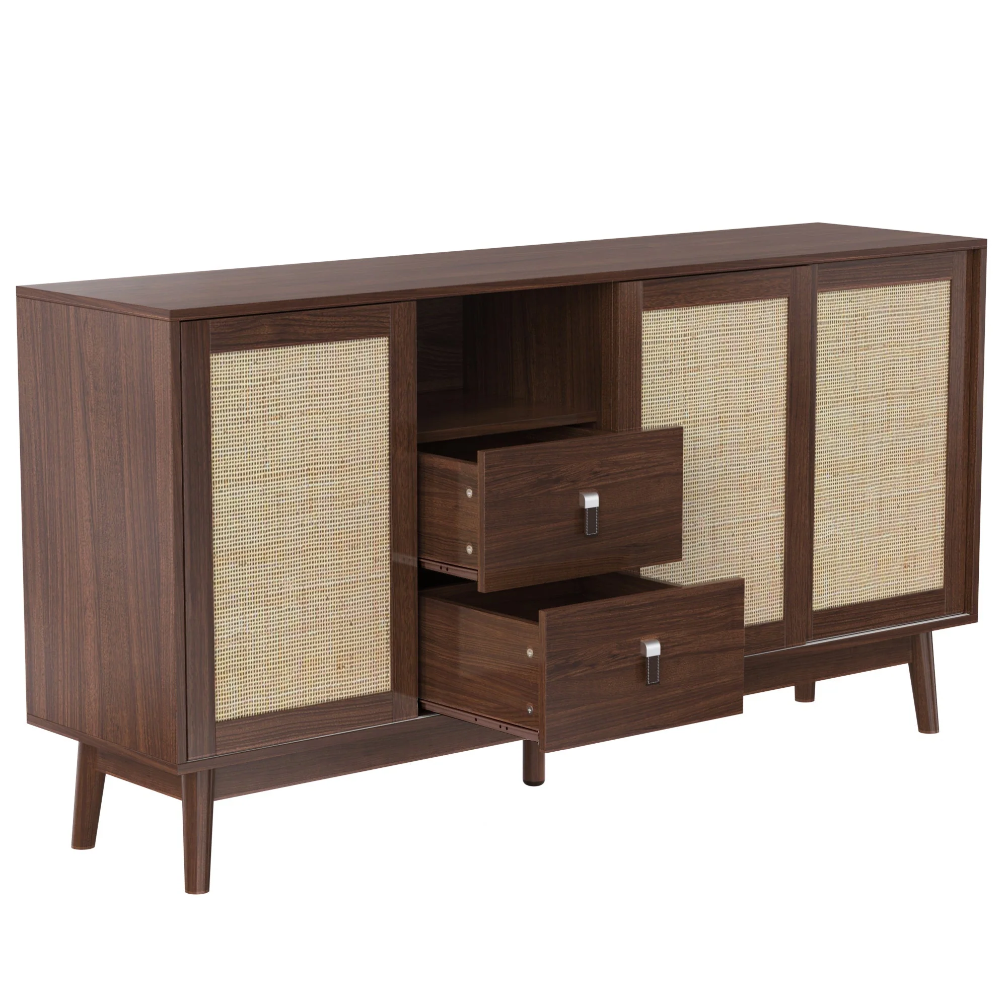 Sideboard, 3 Sliding Rattan Doors, 2 Drawers, Dark Wood - Image 4