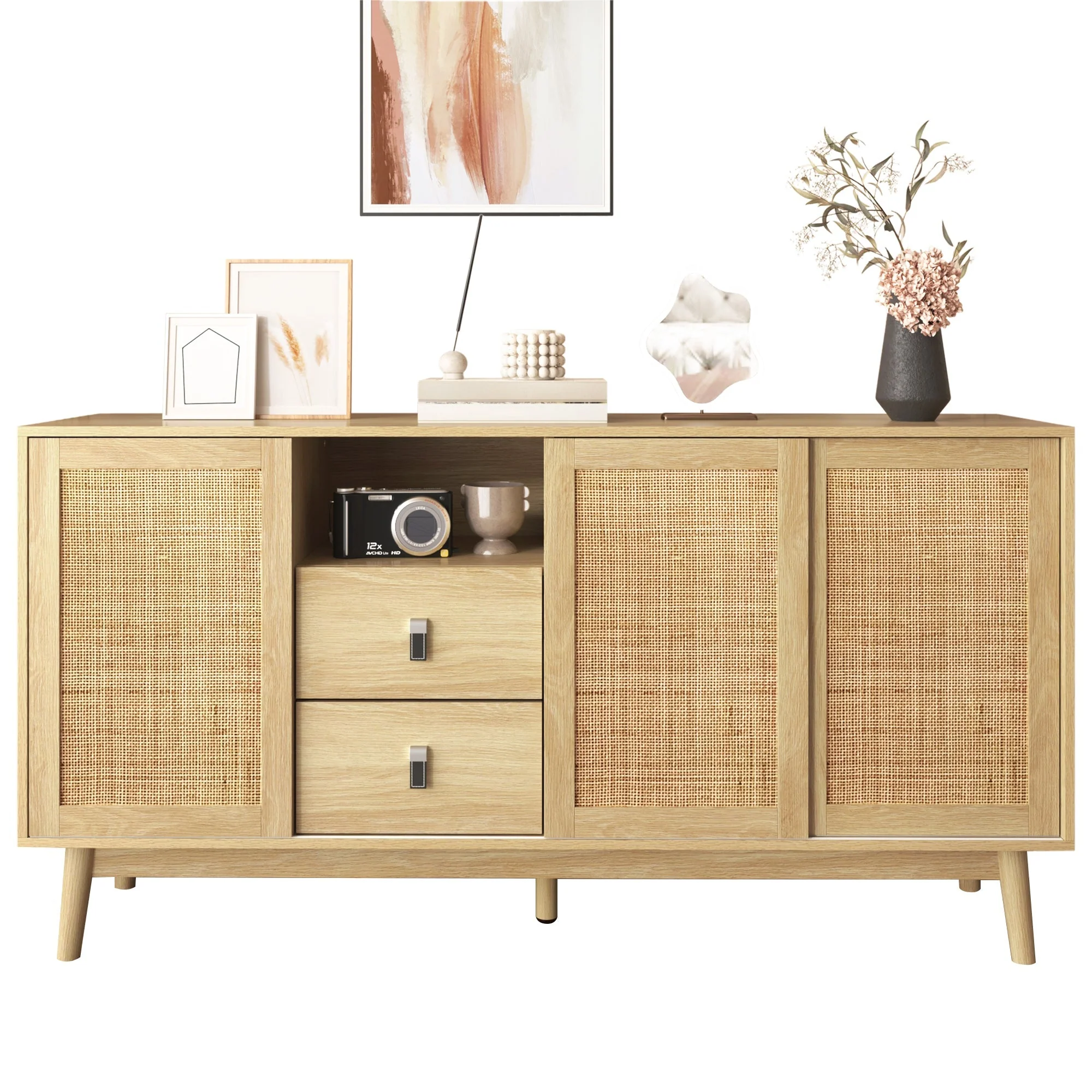 Sideboard, 3 Sliding Real Rattan Doors & 2 Drawers, Wood Color - Image 2