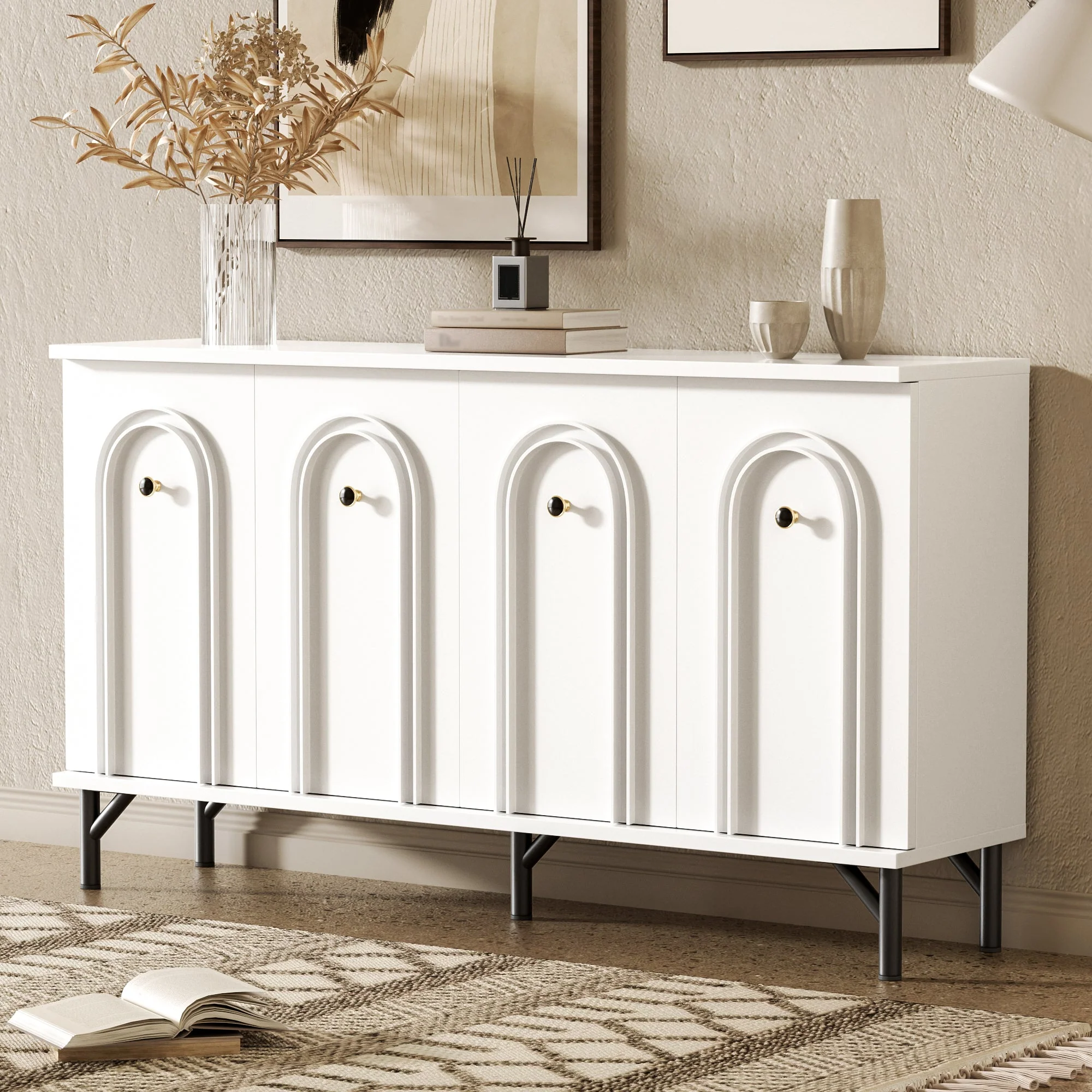 Sideboard, 4-Door with Curved Front, Adjustable Shelves, White - Image 6