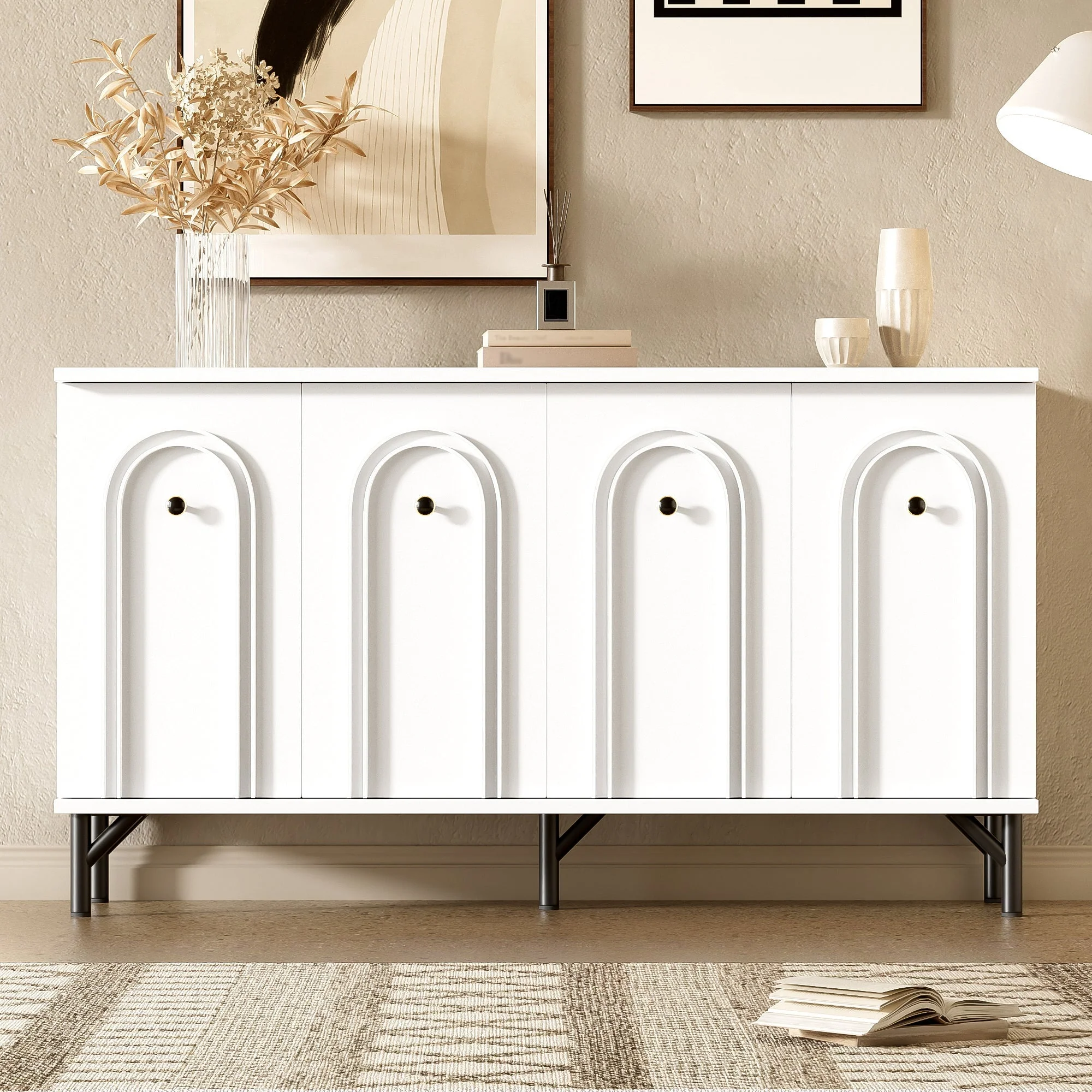 Sideboard, 4-Door with Curved Front, Adjustable Shelves, White - Image 7