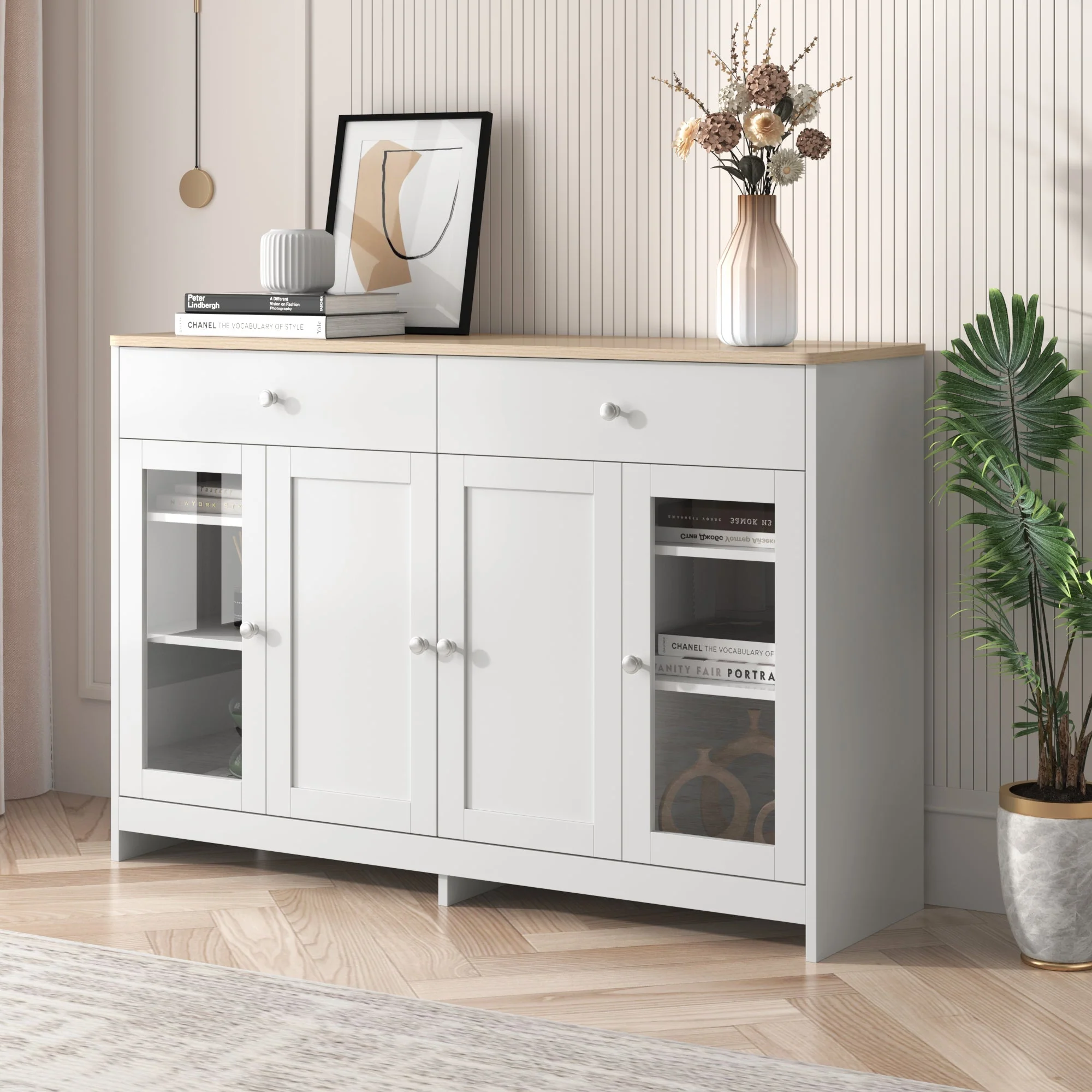 Sideboard, 4 Doors, 2 Drawers, Glass Door, White Wood - Image 2