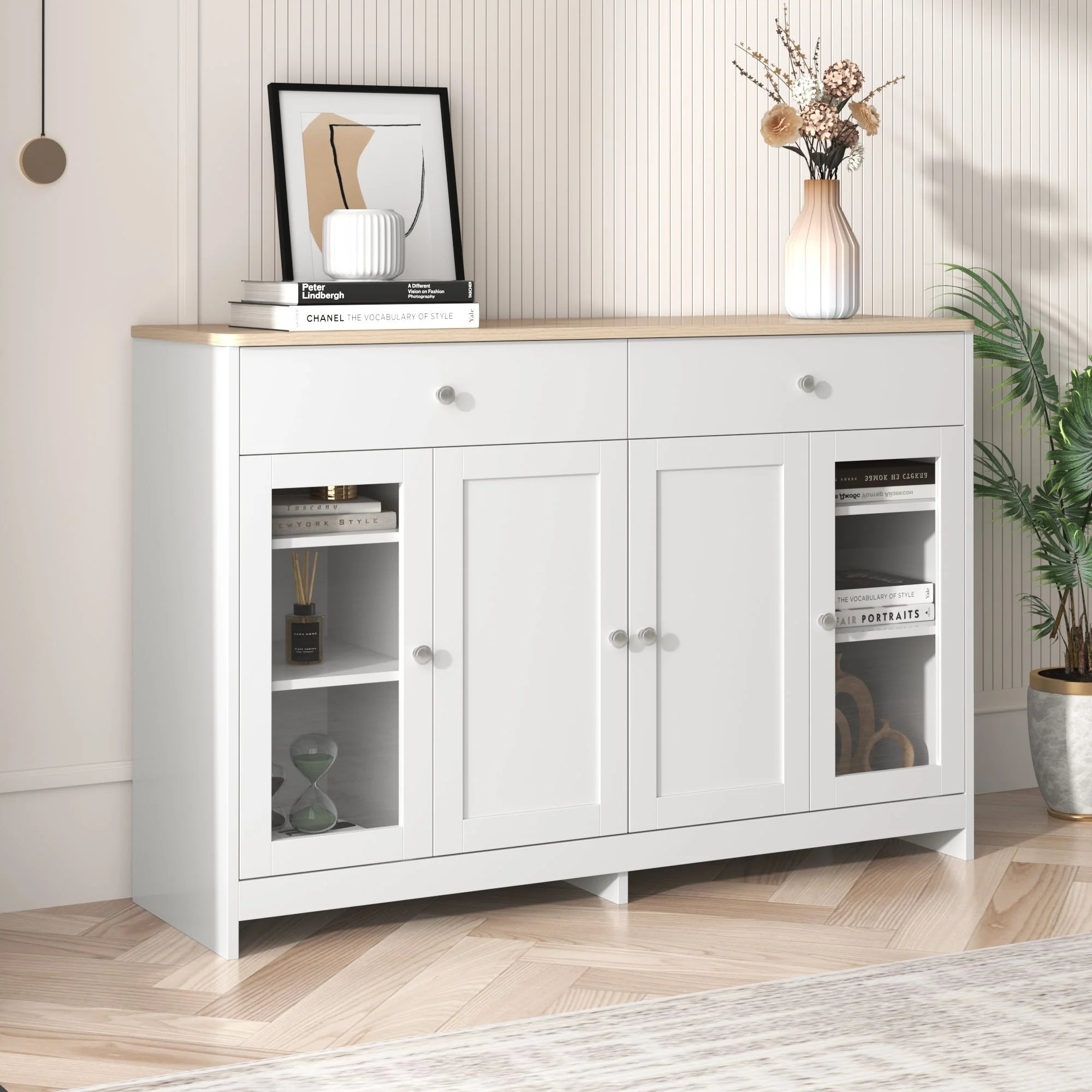 Sideboard, 4 Doors, 2 Drawers, Glass Door, White Wood - Image 3