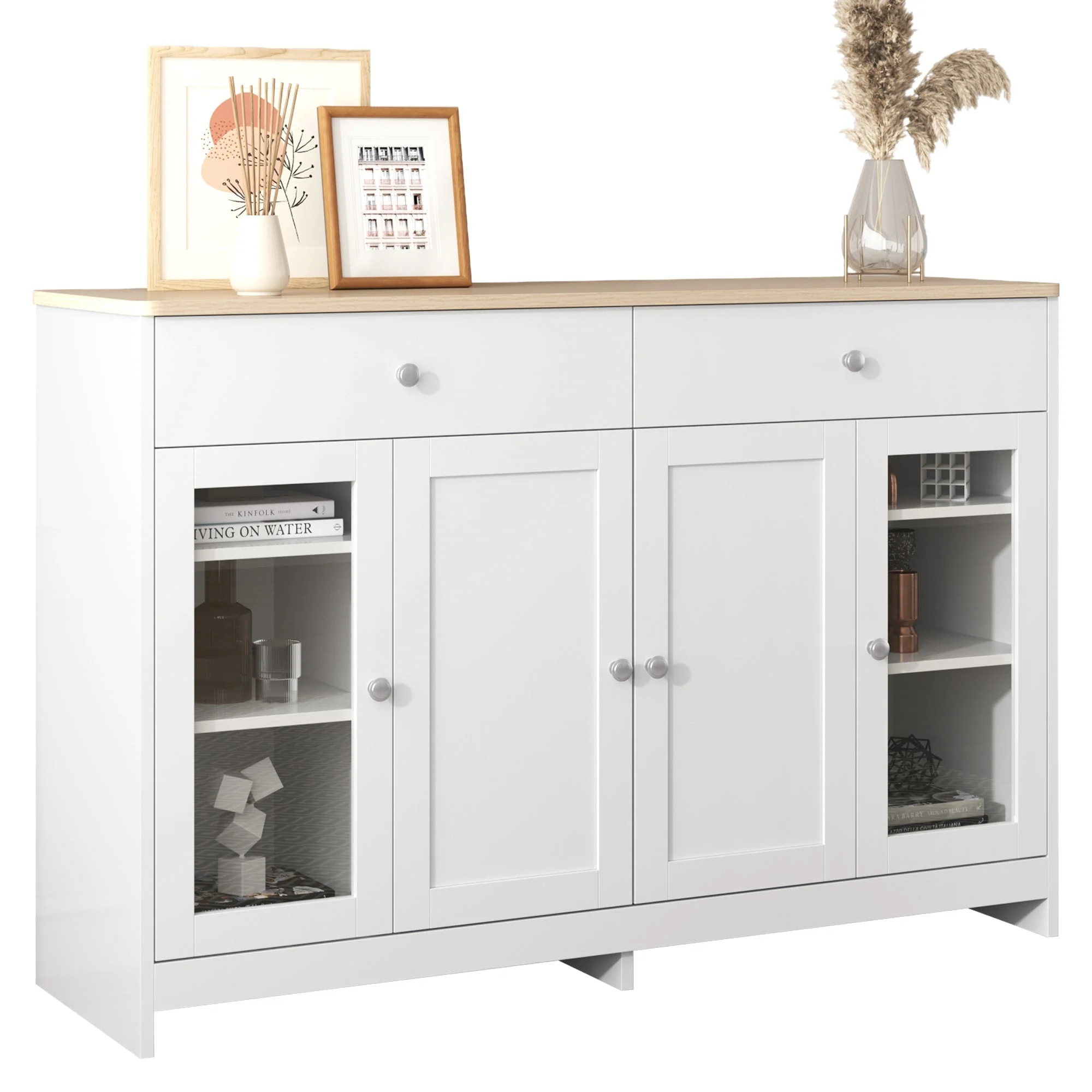 Sideboard, 4 Doors, 2 Drawers, Glass Door, White Wood - Image 9