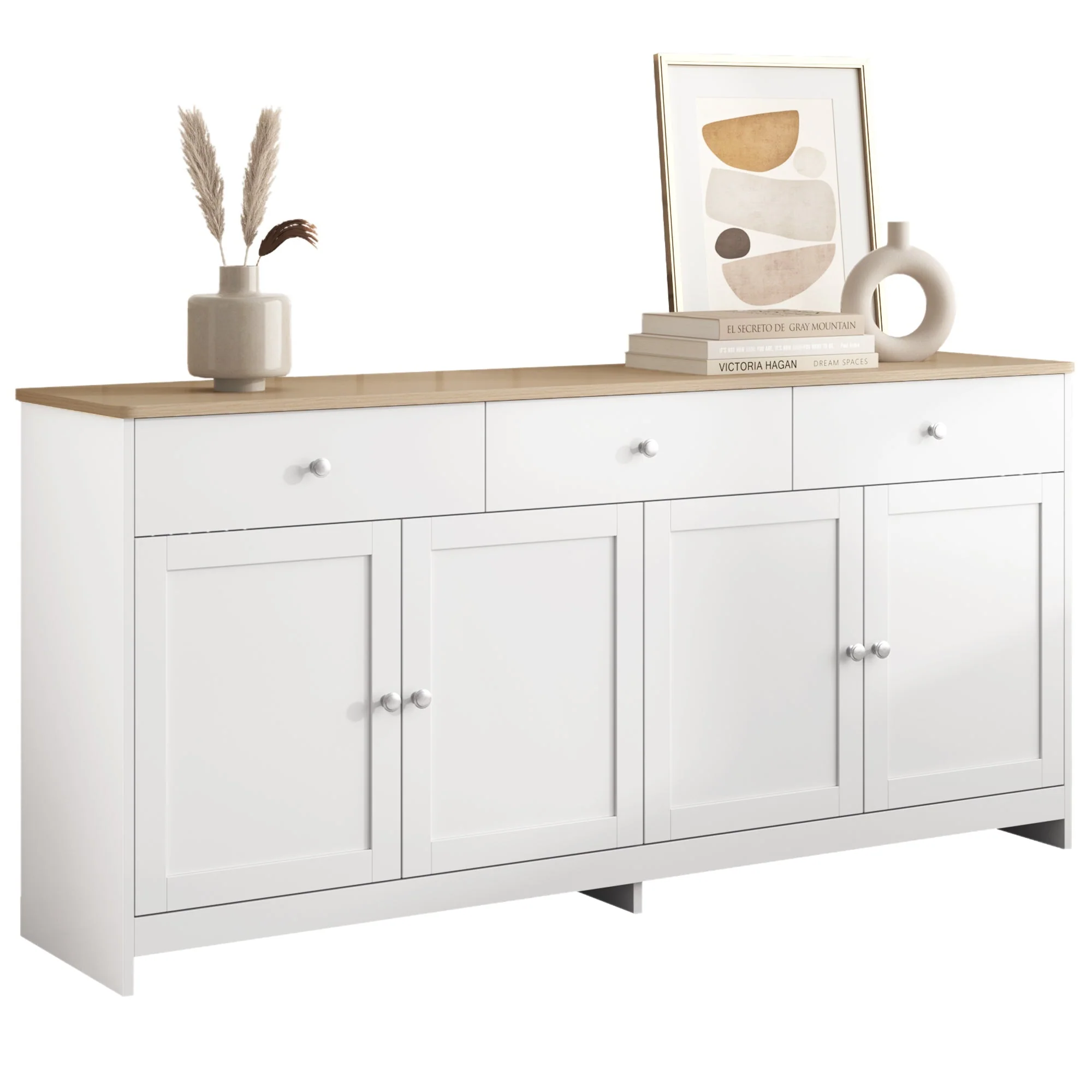 Sideboard, 4 Doors 3 Drawers, Wood Grain White - Image 10