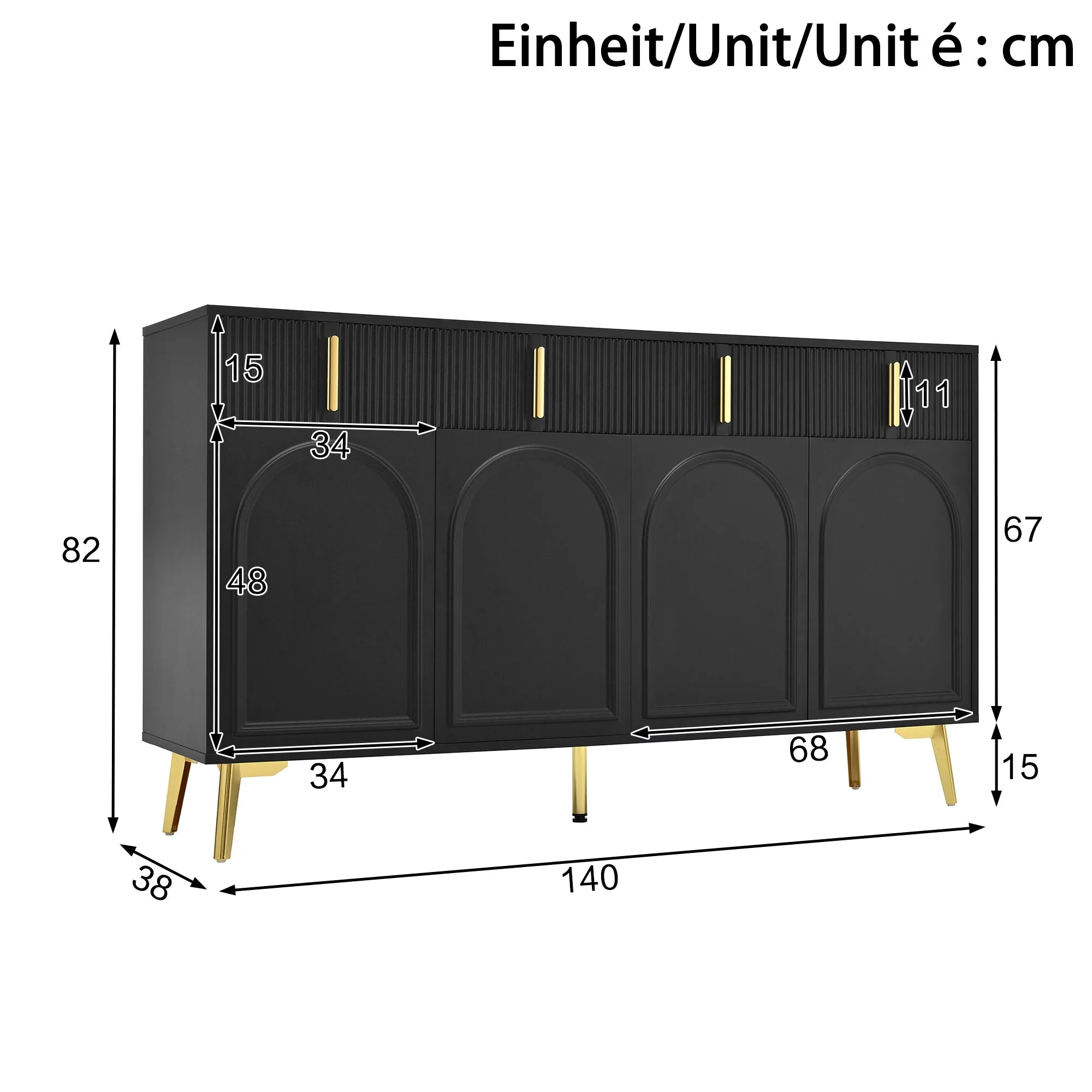 Sideboard, 4 Doors 4 Drawers, Gold Accents - Image 6
