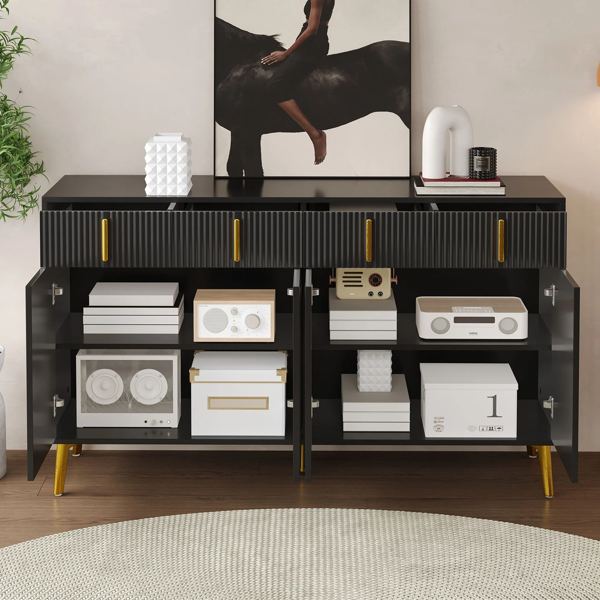 Sideboard, 4 Doors 4 Drawers, Gold Accents - Image 9