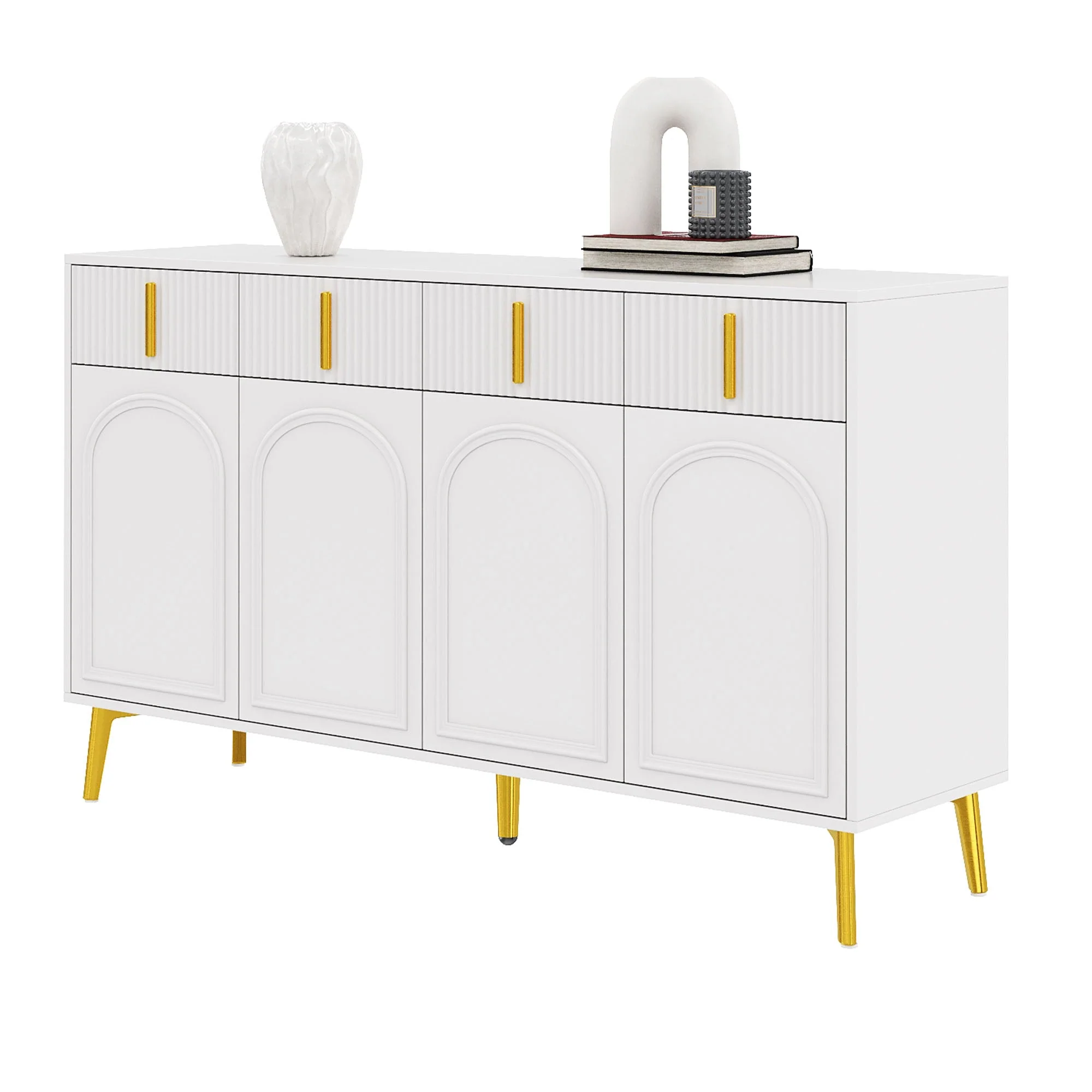 Sideboard, 4 Doors 4 Drawers, Gold Handles Legs, White MDF - Image 2