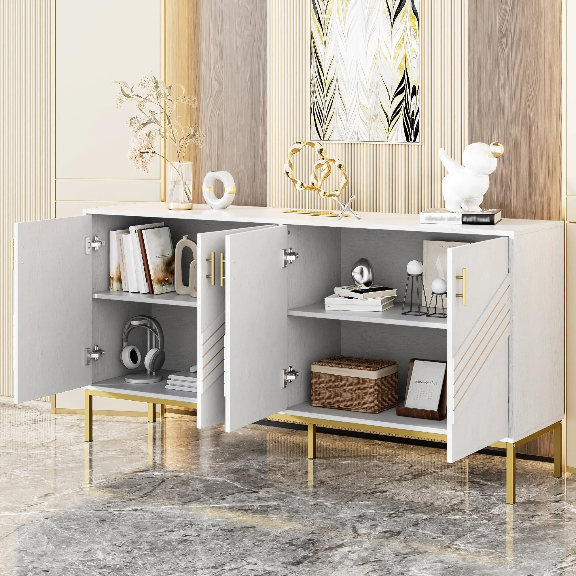 Sideboard, 4 Doors, Large Capacity, Height-Adjustable, White & Gold MDF - Image 3