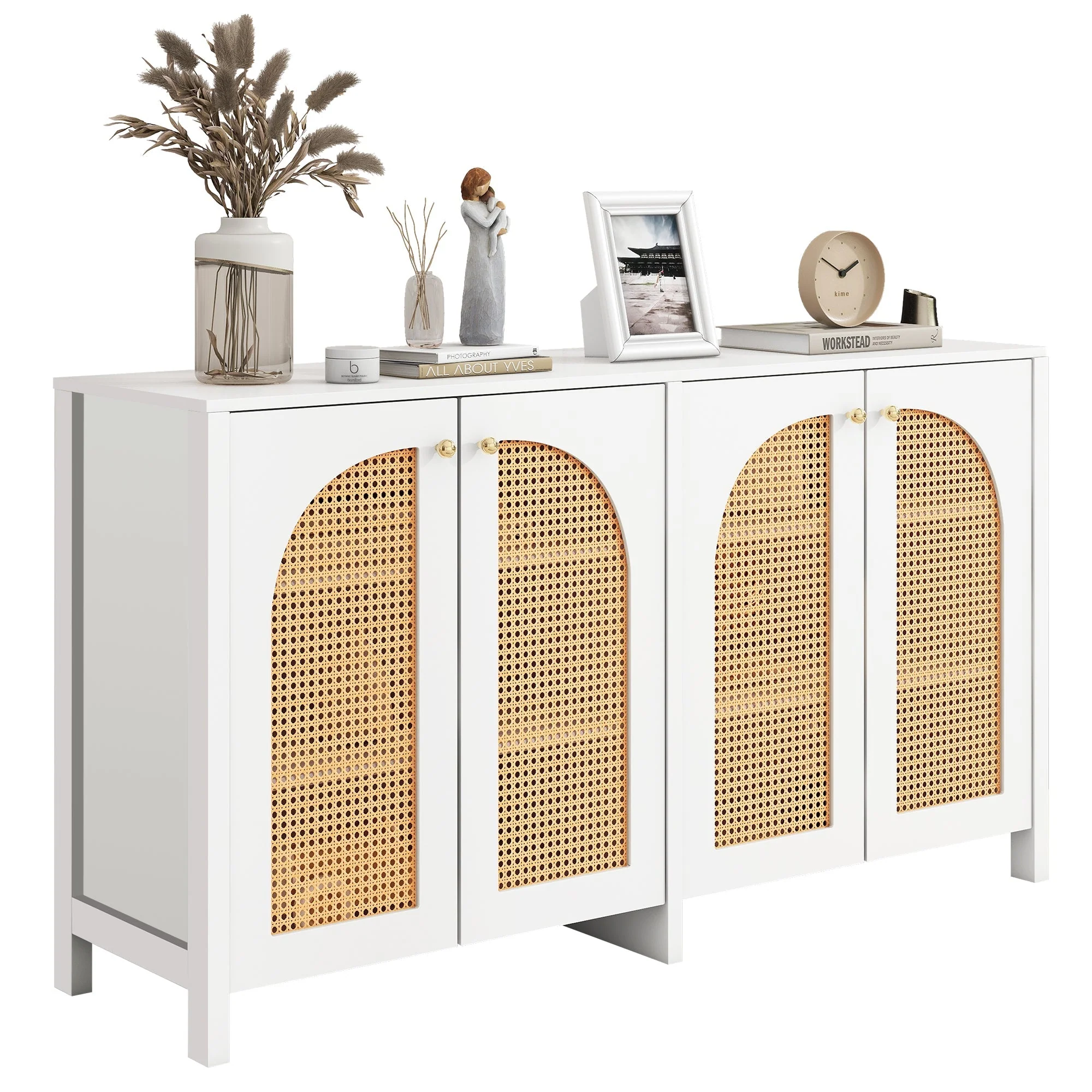 Sideboard, 4 Rattan Doors with Metal Handles, White - Image 5