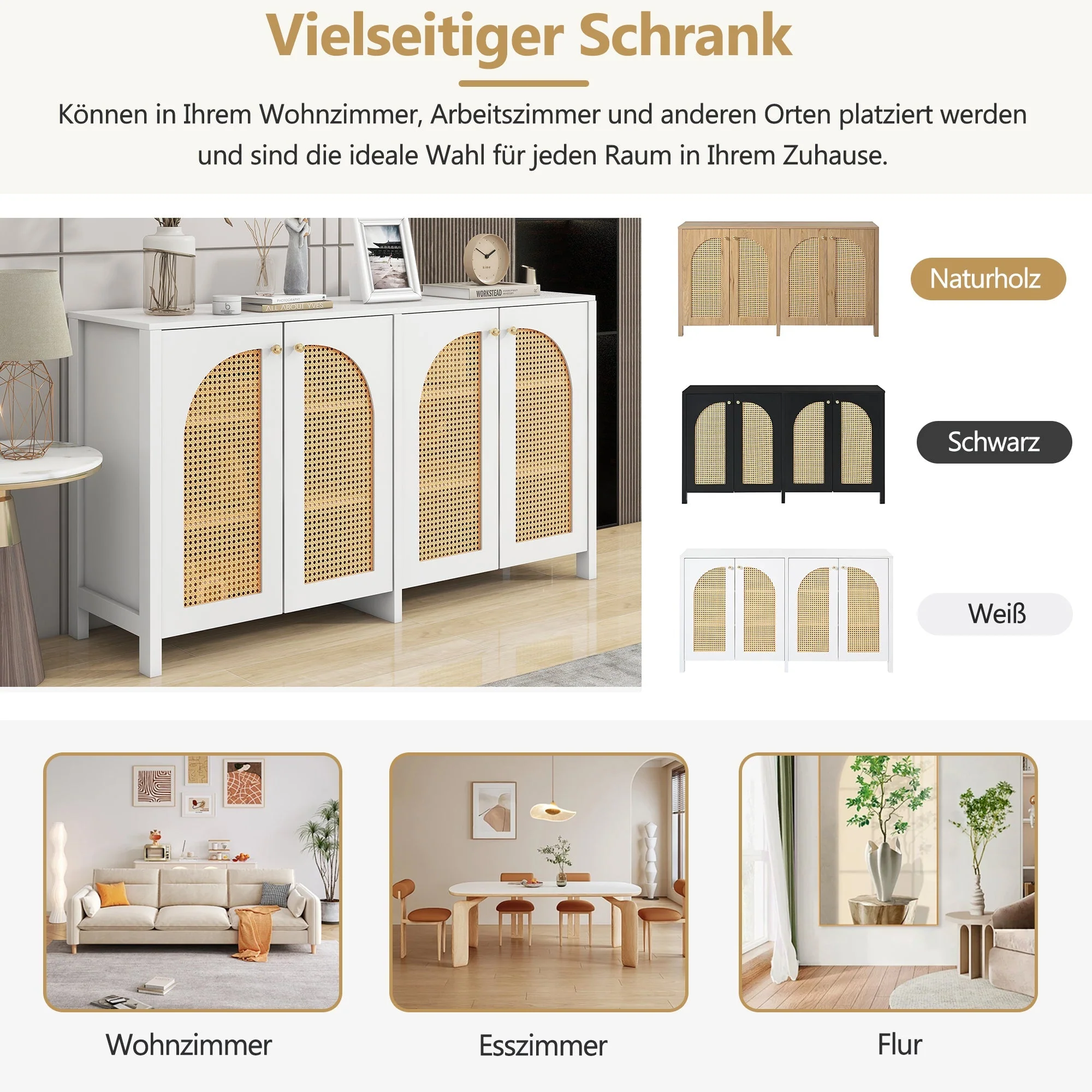 Sideboard, 4 Rattan Doors with Metal Handles, White - Image 7