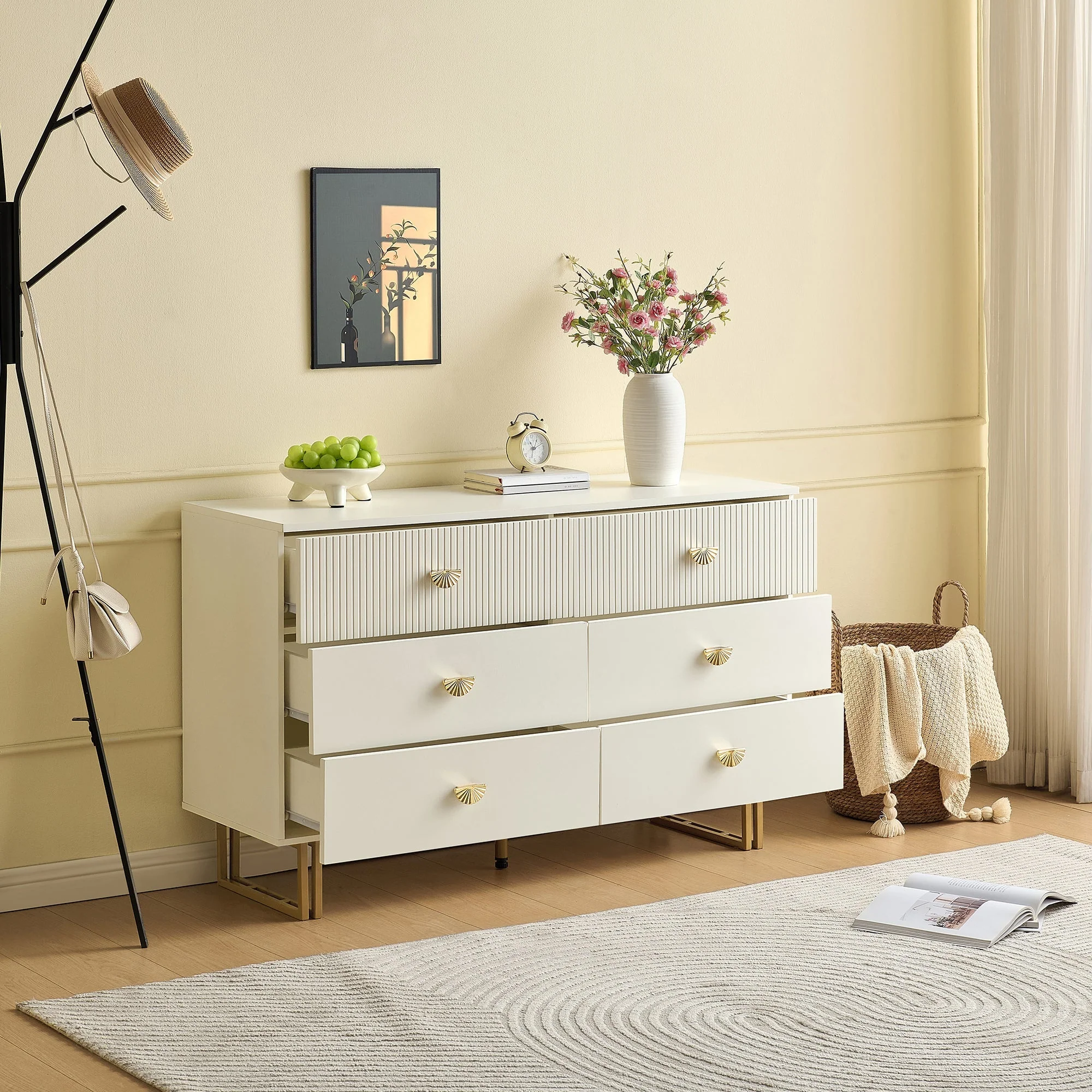 Sideboard, 6-Drawer Elegant Design, White and Gold MDF and Steel - Image 4