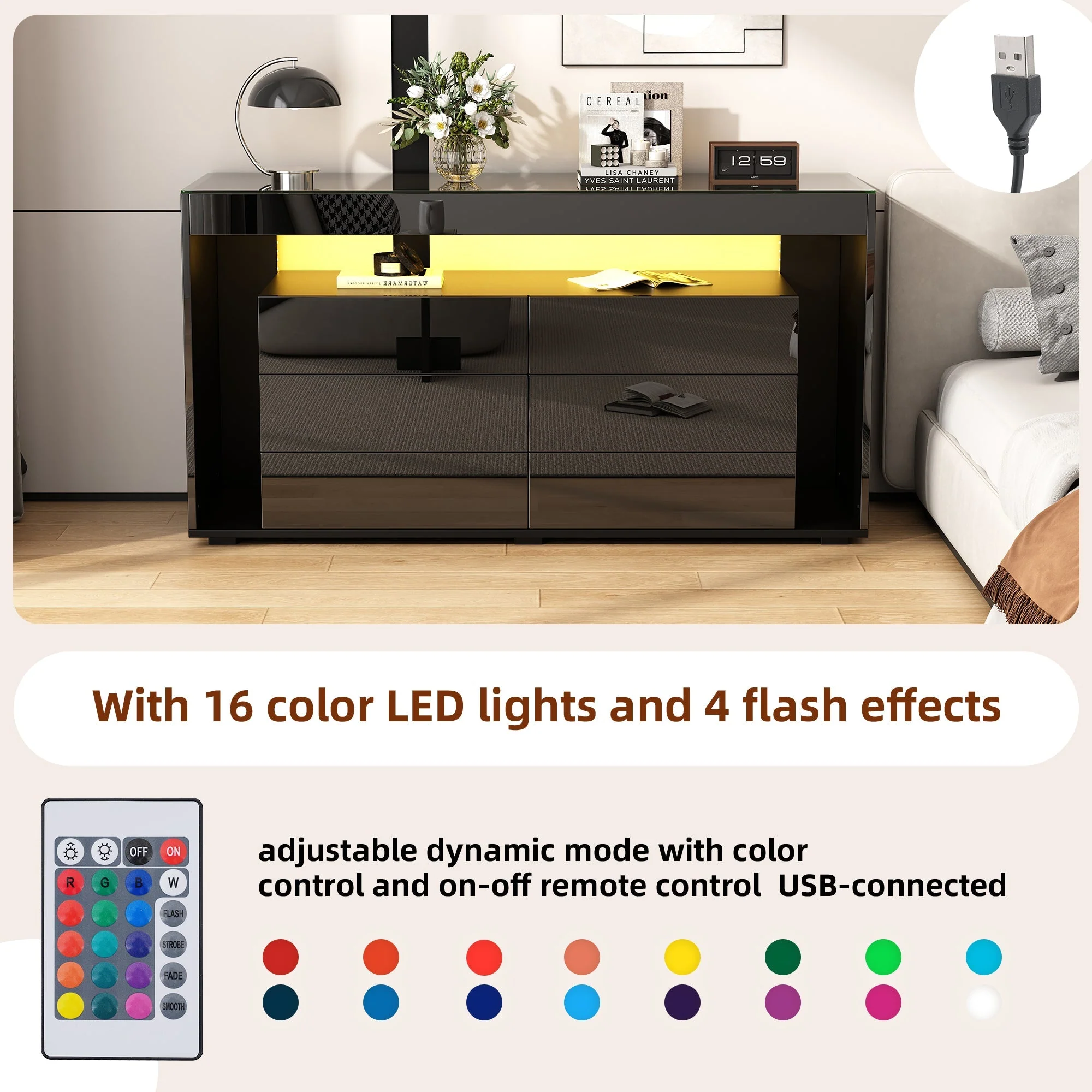 Sideboard, 6-Drawer LED High-Gloss with Tempered Glass Top, Black - Image 5