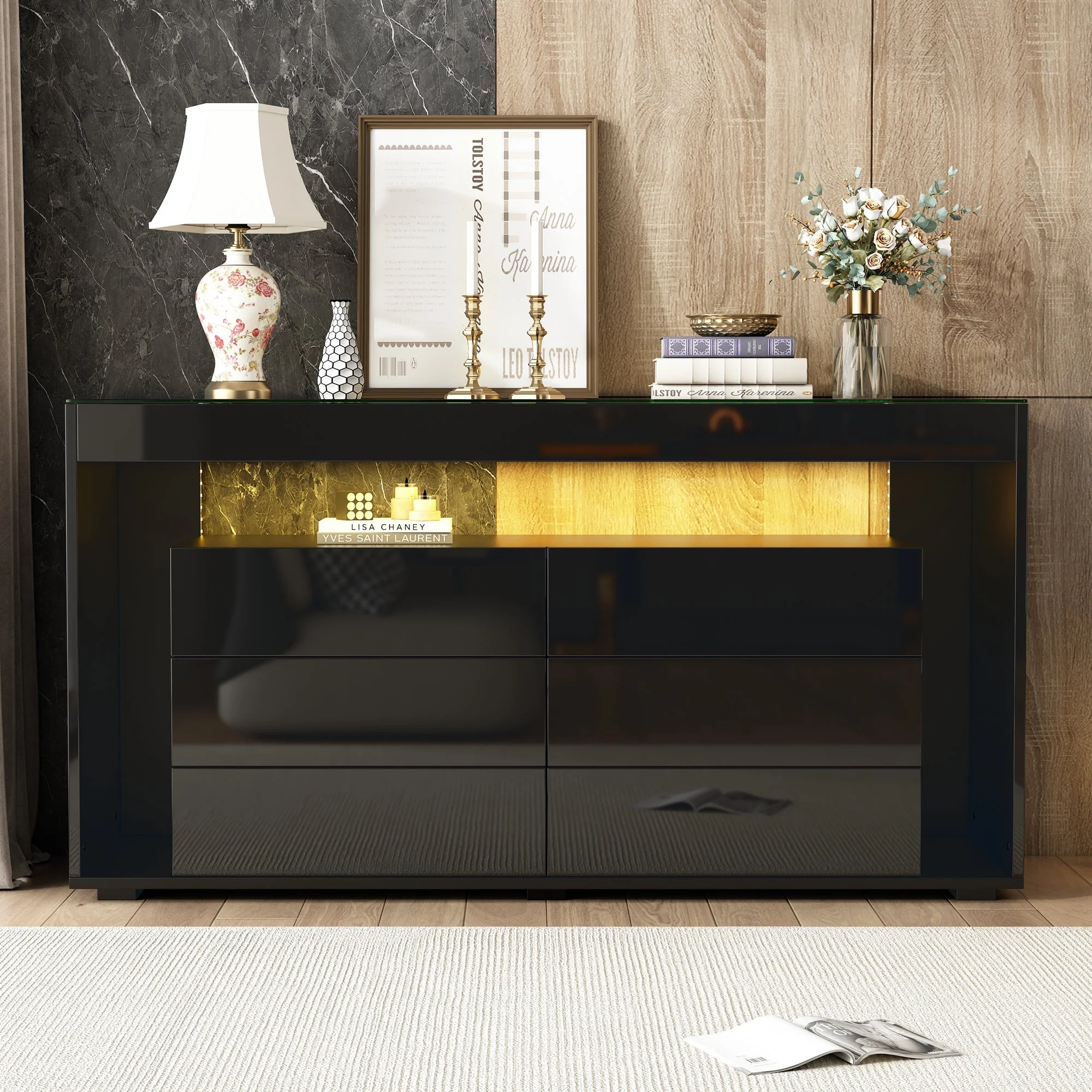 Sideboard, 6-Drawer LED High-Gloss with Tempered Glass Top, Black - Image 8