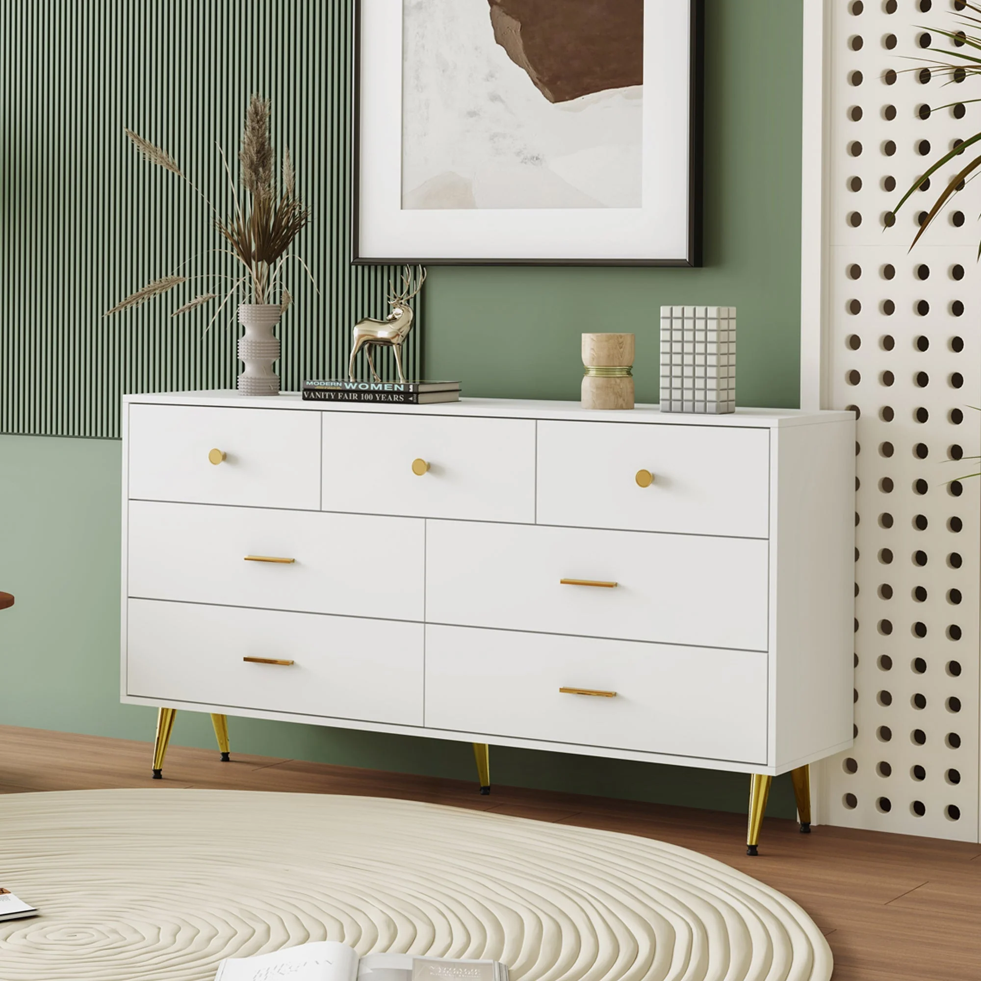 Sideboard, 7-Drawer, Gold Handles & Legs, 140x35x76cm, White - Image 4