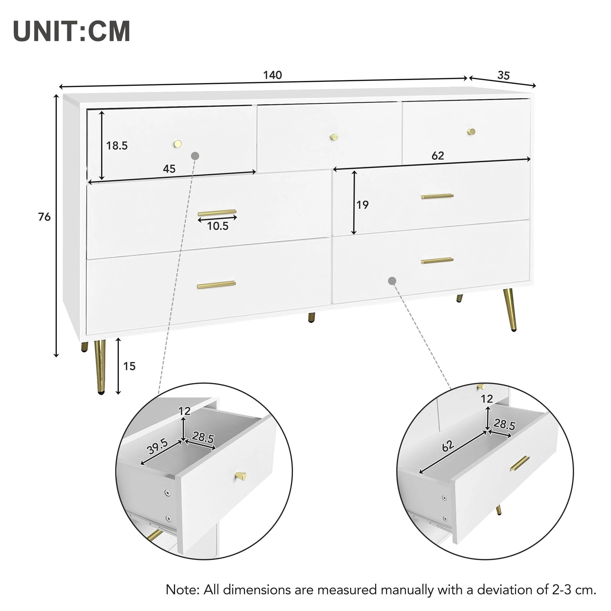 Sideboard, 7-Drawer, Gold Handles & Legs, 140x35x76cm, White - Image 5