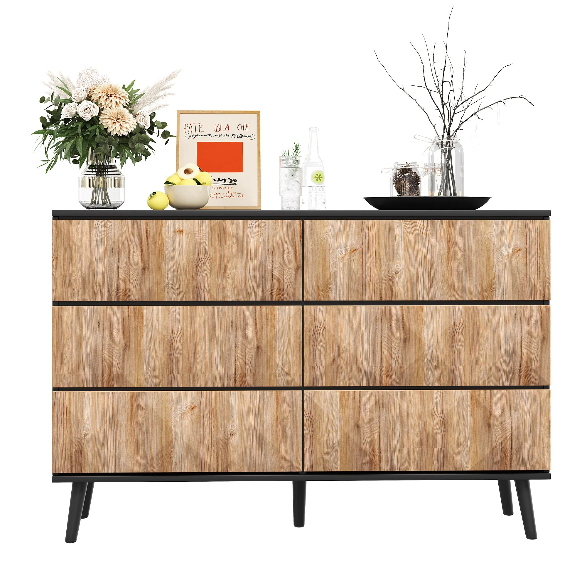 Sideboard and Chest of Drawers, Raised Doors, Black and Natural Wood - Image 2
