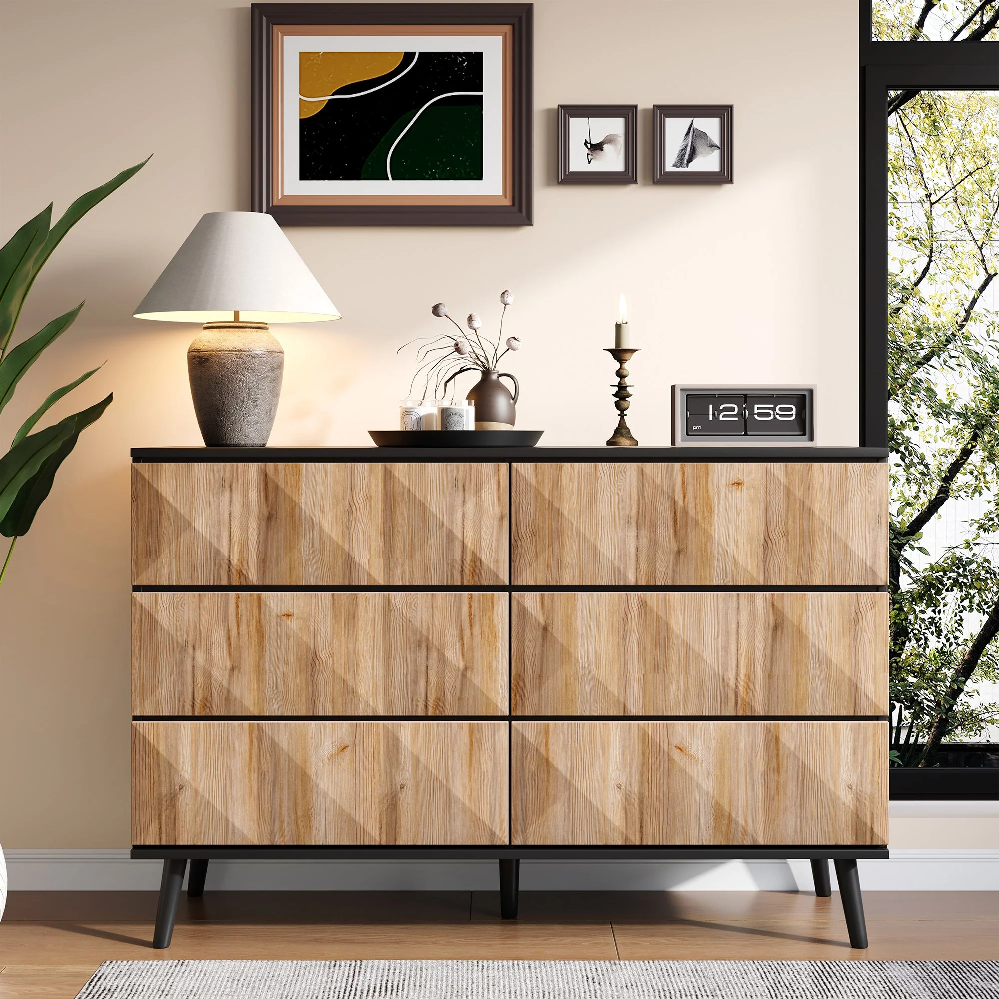 Sideboard and Chest of Drawers, Raised Doors, Black and Natural Wood - Image 3