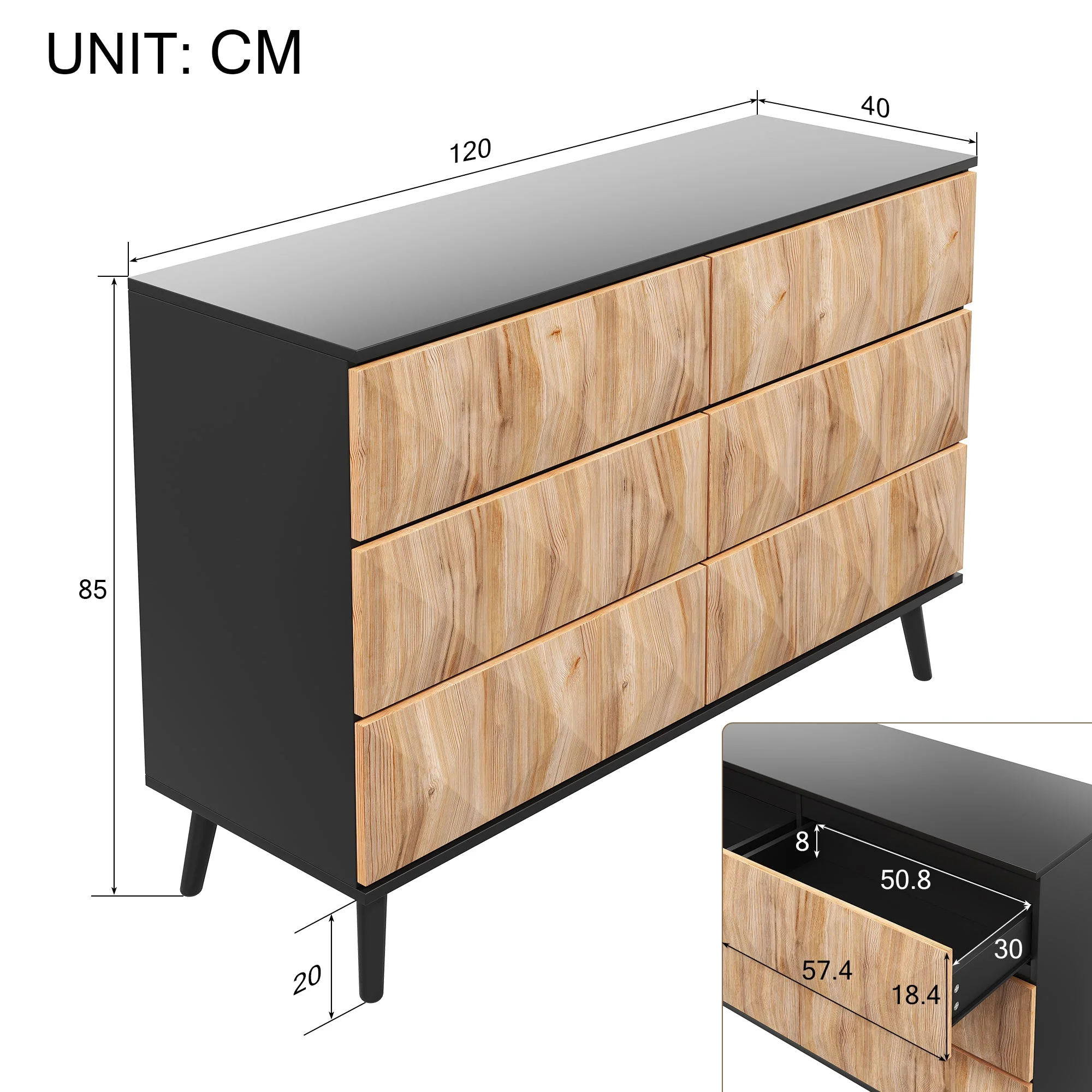Sideboard and Chest of Drawers, Raised Doors, Black and Natural Wood - Image 5