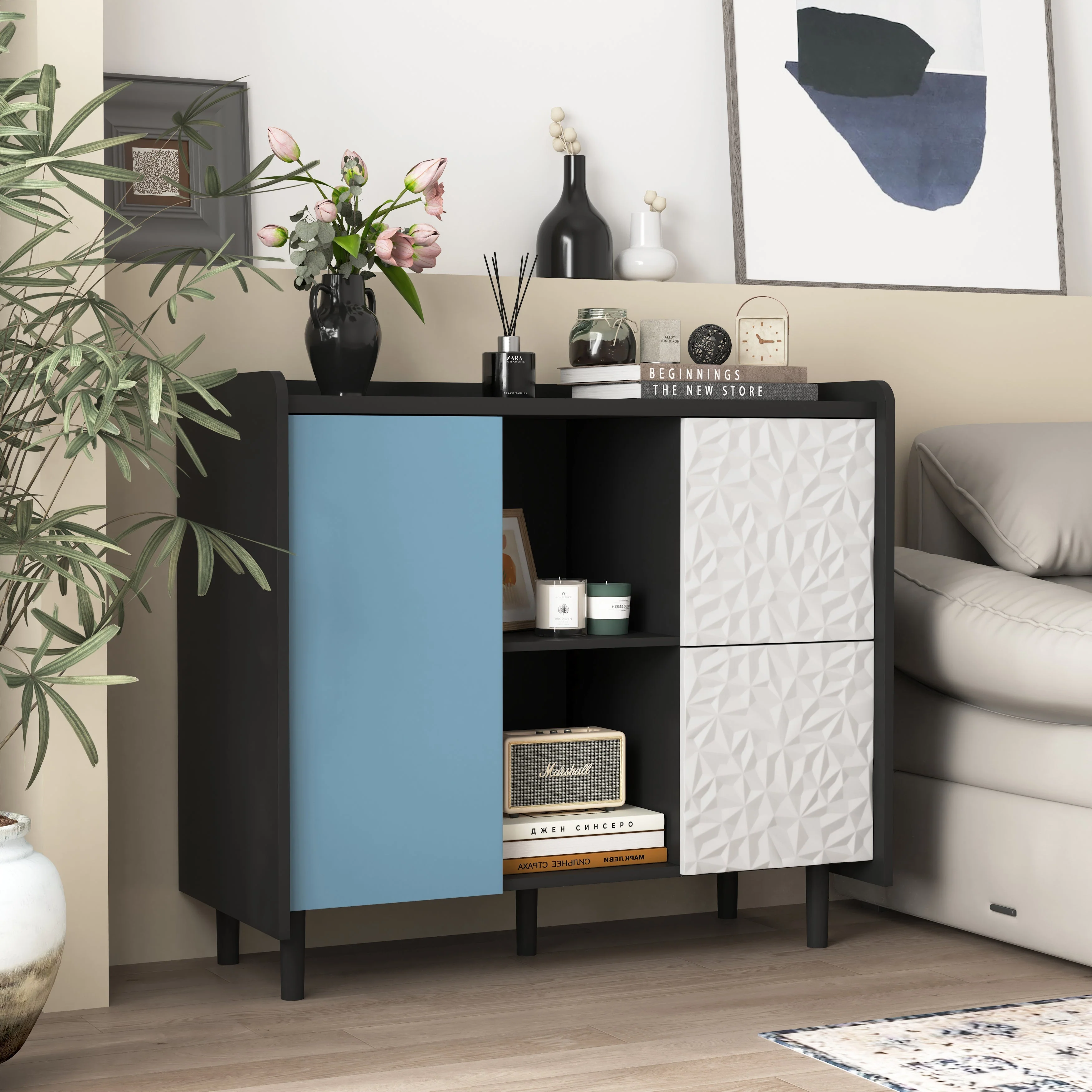 Sideboard Buffet Cabinet 2 Drawers 2 Open Storage - Black/Blue Doors - Image 8