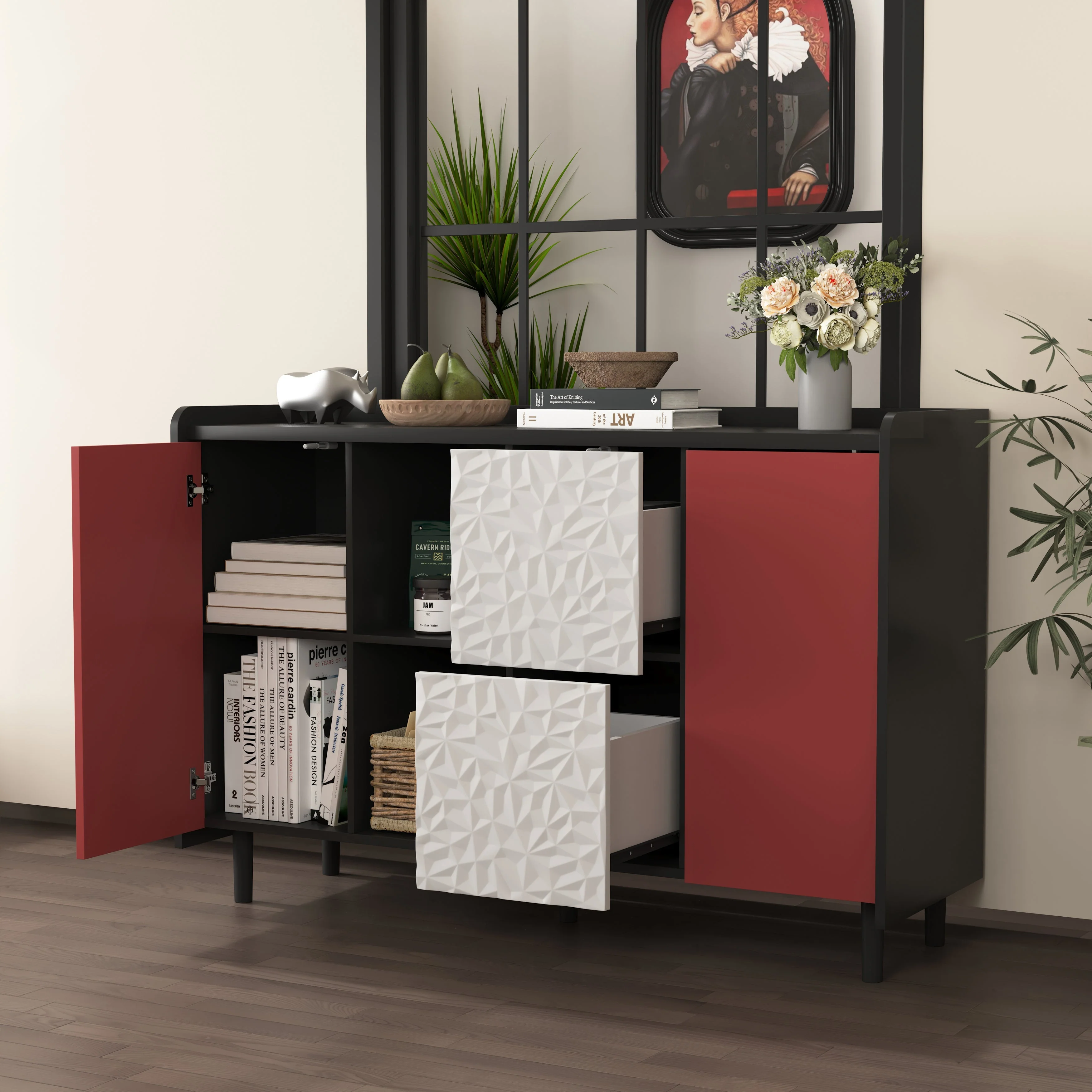 Sideboard Buffet Cabinet with 2 Drawers & Open Storage, Panel Styling - Black/Red - Image 5