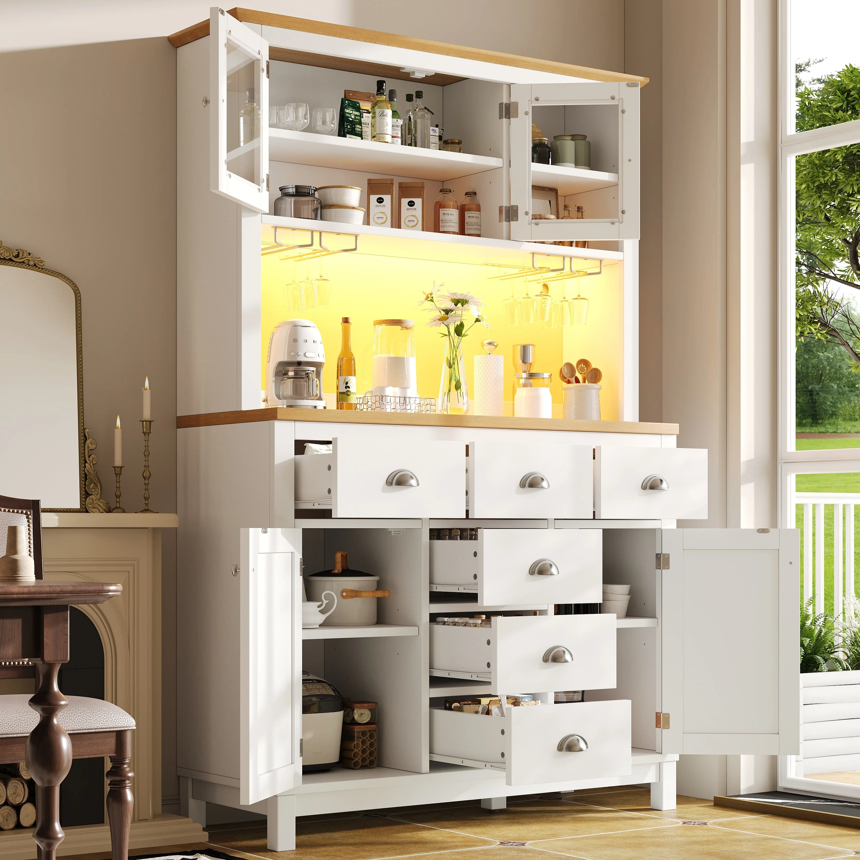 Sideboard Buffet Cabinet with 4 Doors and LED Light Strip, Green and White - Image 3